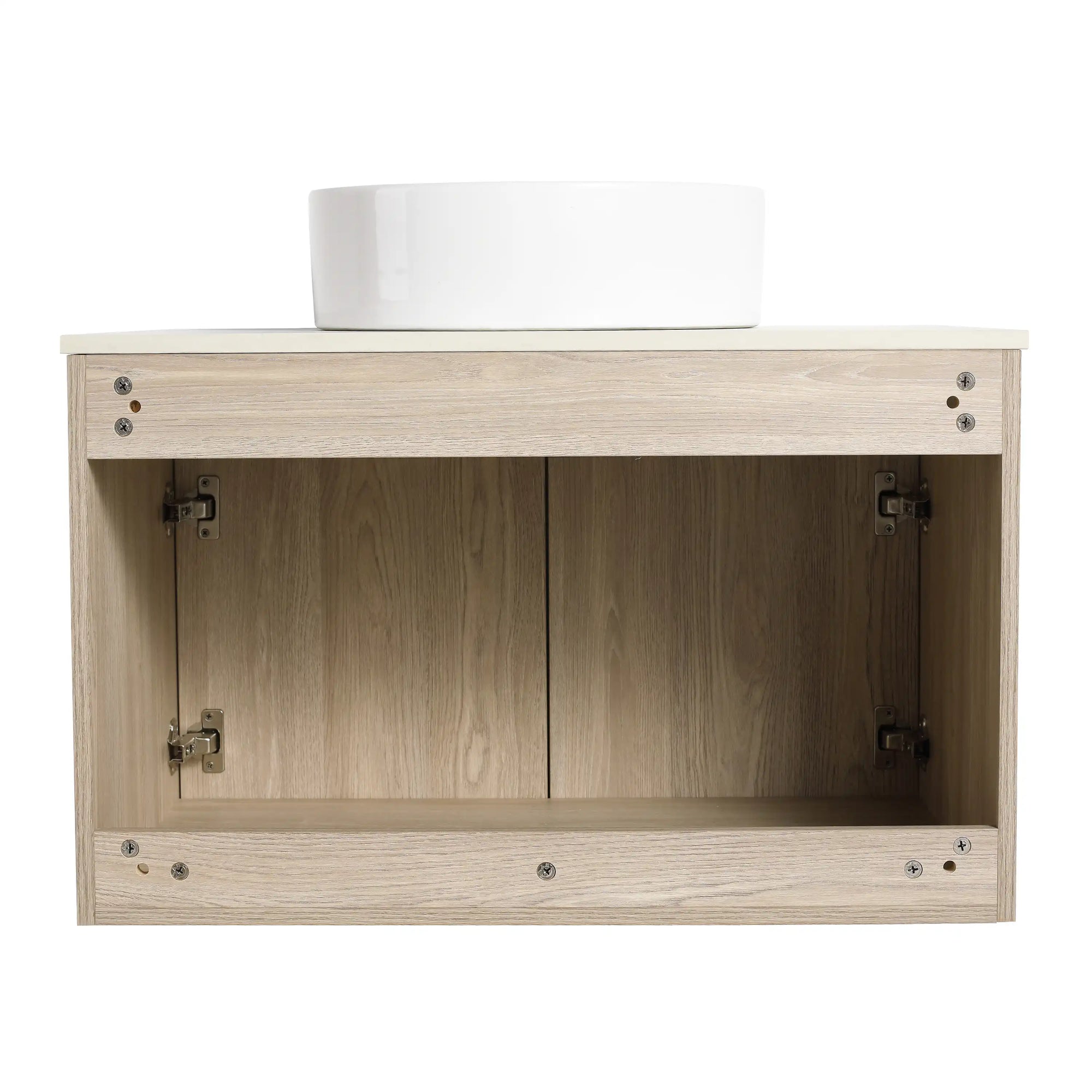 30" bathroom vanity with vessel sink 30 inch open cabinet interior with double doors and oak finish | Ace Decor