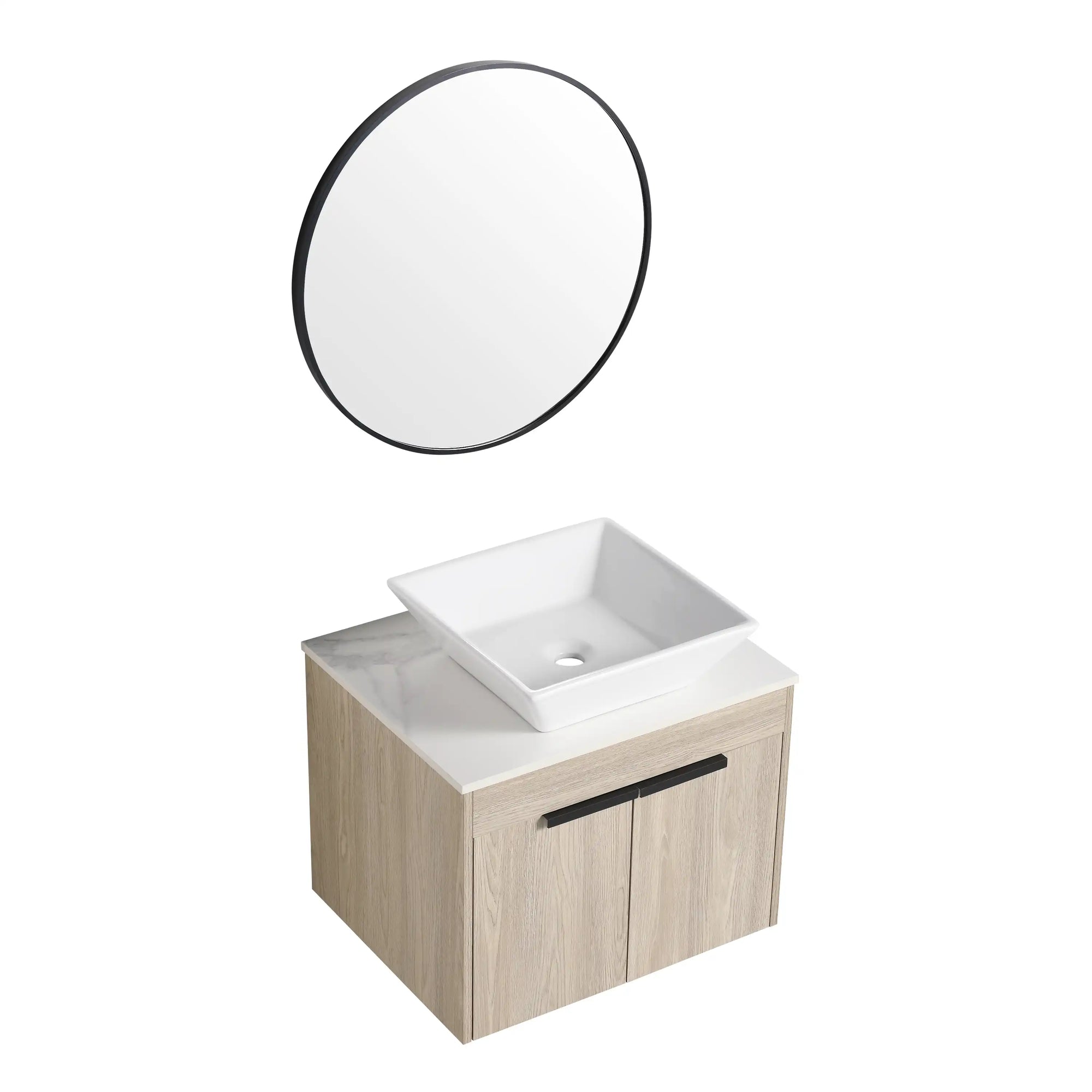 Angled view of 24" small vessel sink vanity with round mirror above | Ace Decor