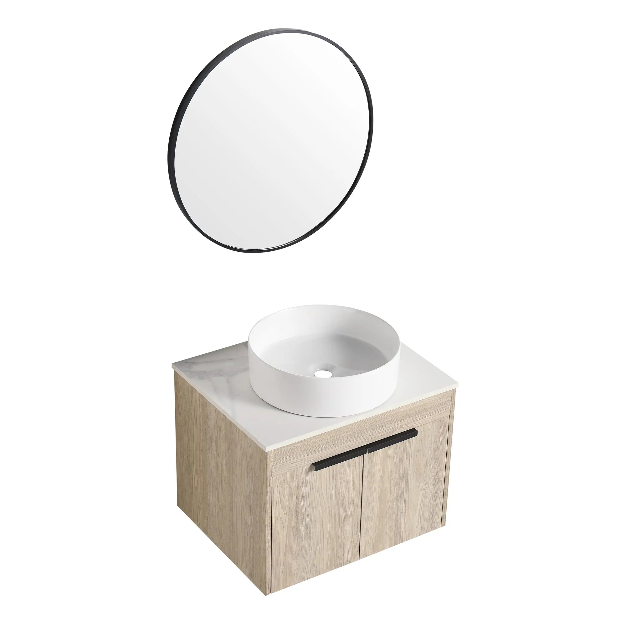 Angled view with mirror of 24 inch bathroom vanity with vessel sink 24" white oak floating cabinet | Ace Decor