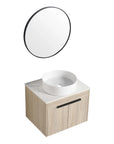 Angled view with mirror of 24 inch bathroom vanity with vessel sink 24" white oak floating cabinet | Ace Decor
