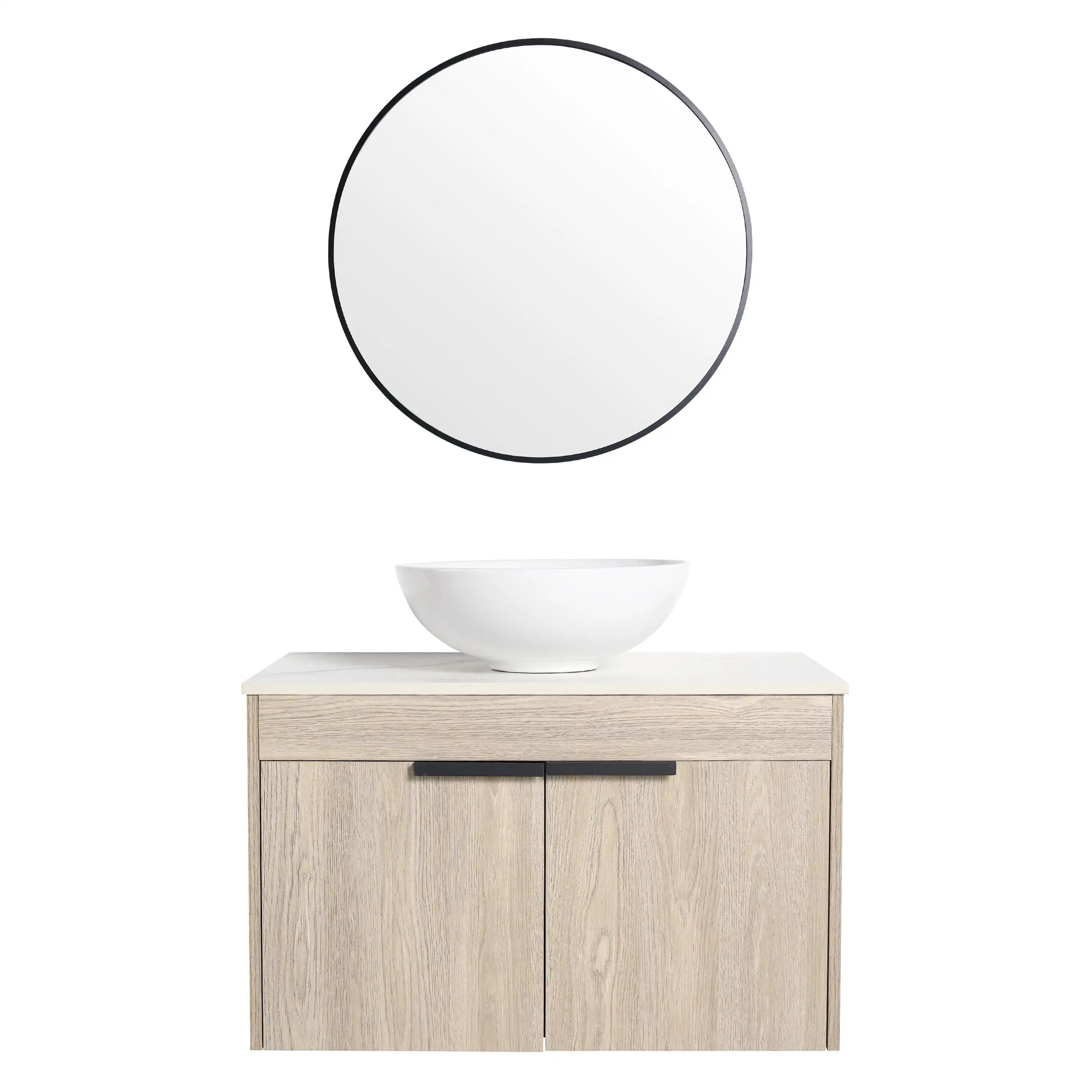 Front view of 30" single vessel sink vanity with round bowl sink and modern oak cabinet | Ace Decor