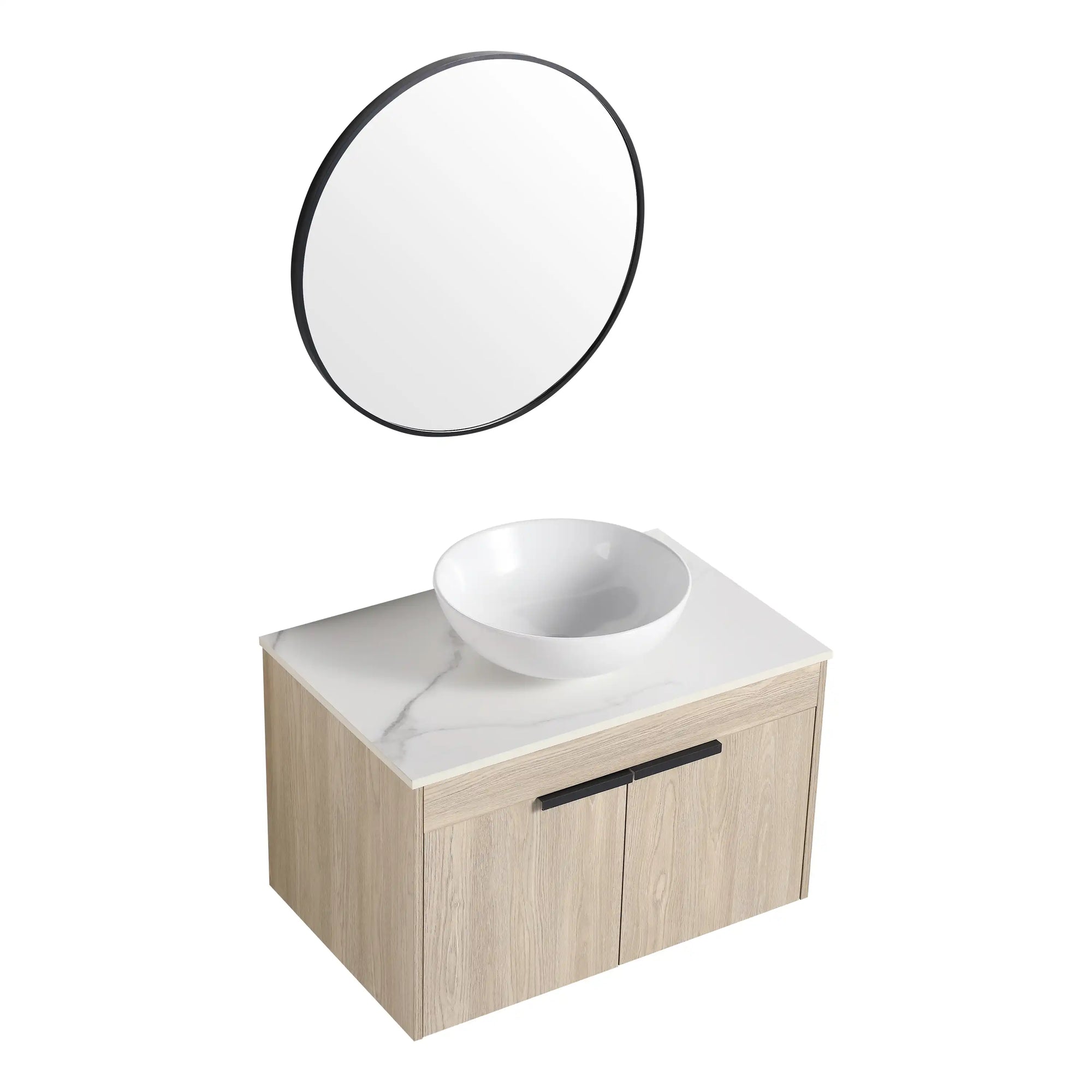 30" wall-mounted single vessel sink vanity with round white bowl and oak finish cabinet | Ace Decor