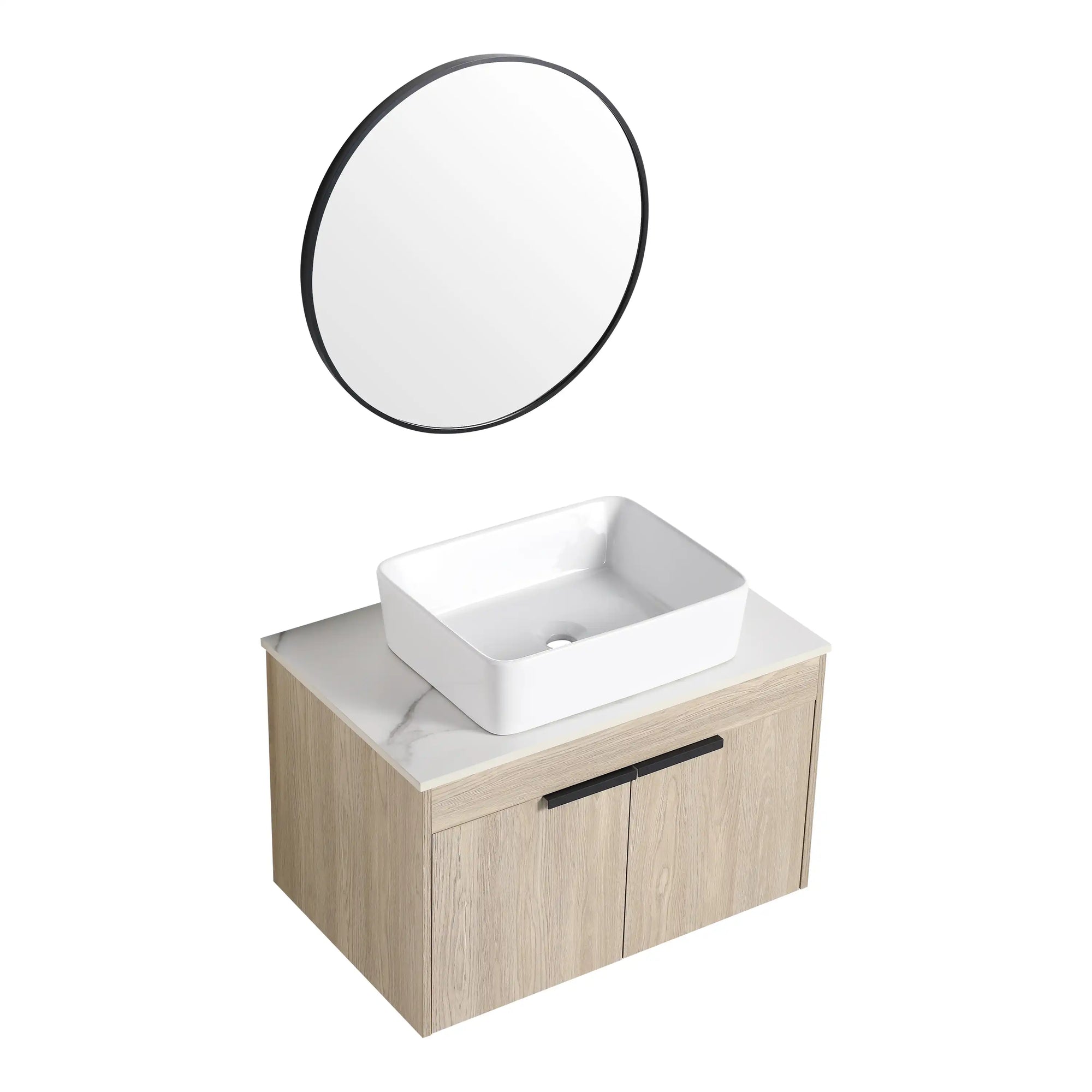 30" vessel sink vanity 30 inch with square white basin, oak cabinet, and round mirror | Ace Decor