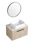30" vessel sink vanity 30 inch with square white basin, oak cabinet, and round mirror | Ace Decor