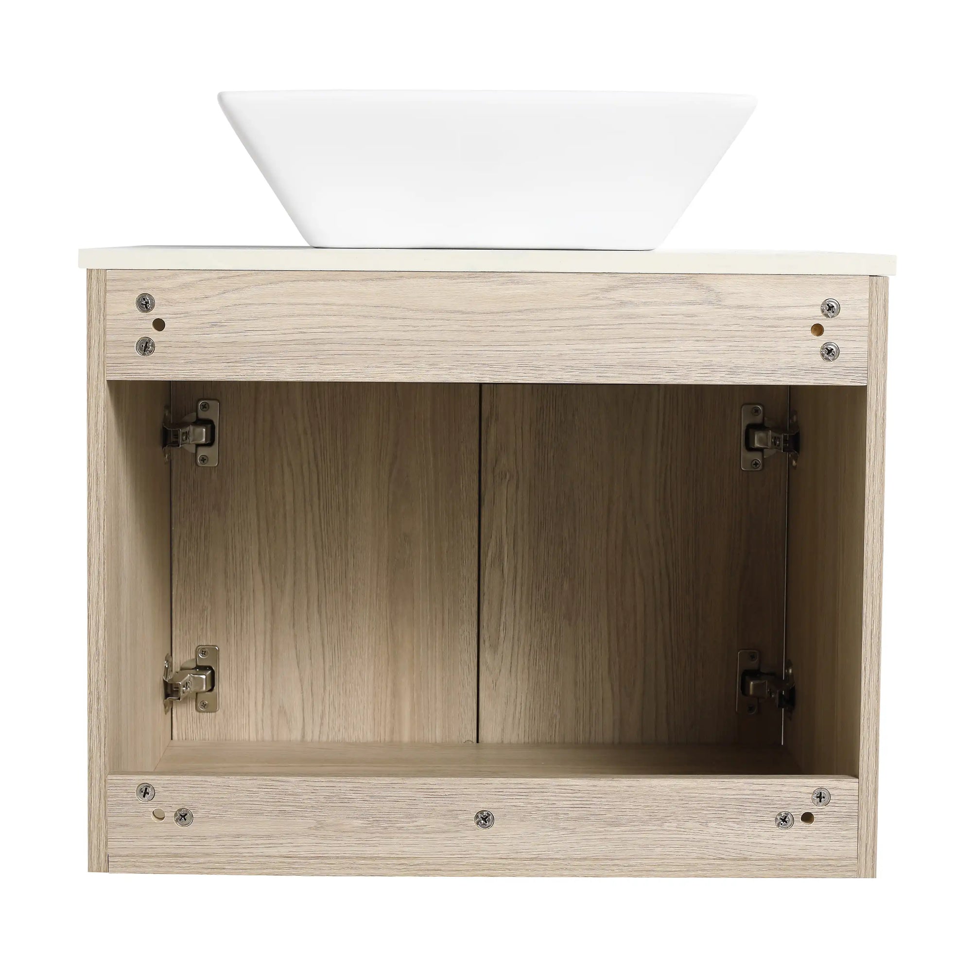 Interior storage view of 24" small vessel sink vanity with double doors | Ace Decor