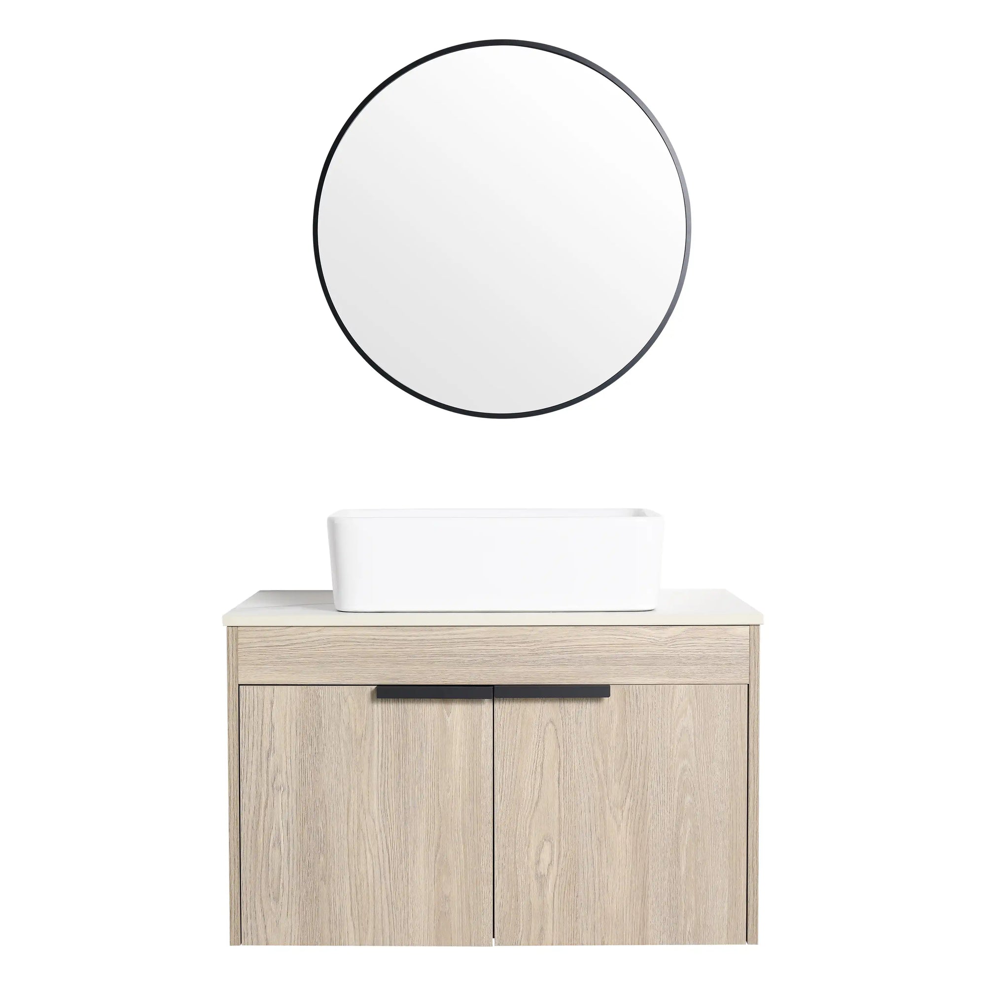 30" vessel sink vanity 30 inch front view with round mirror and wall-mounted oak cabinet | Ace Decor