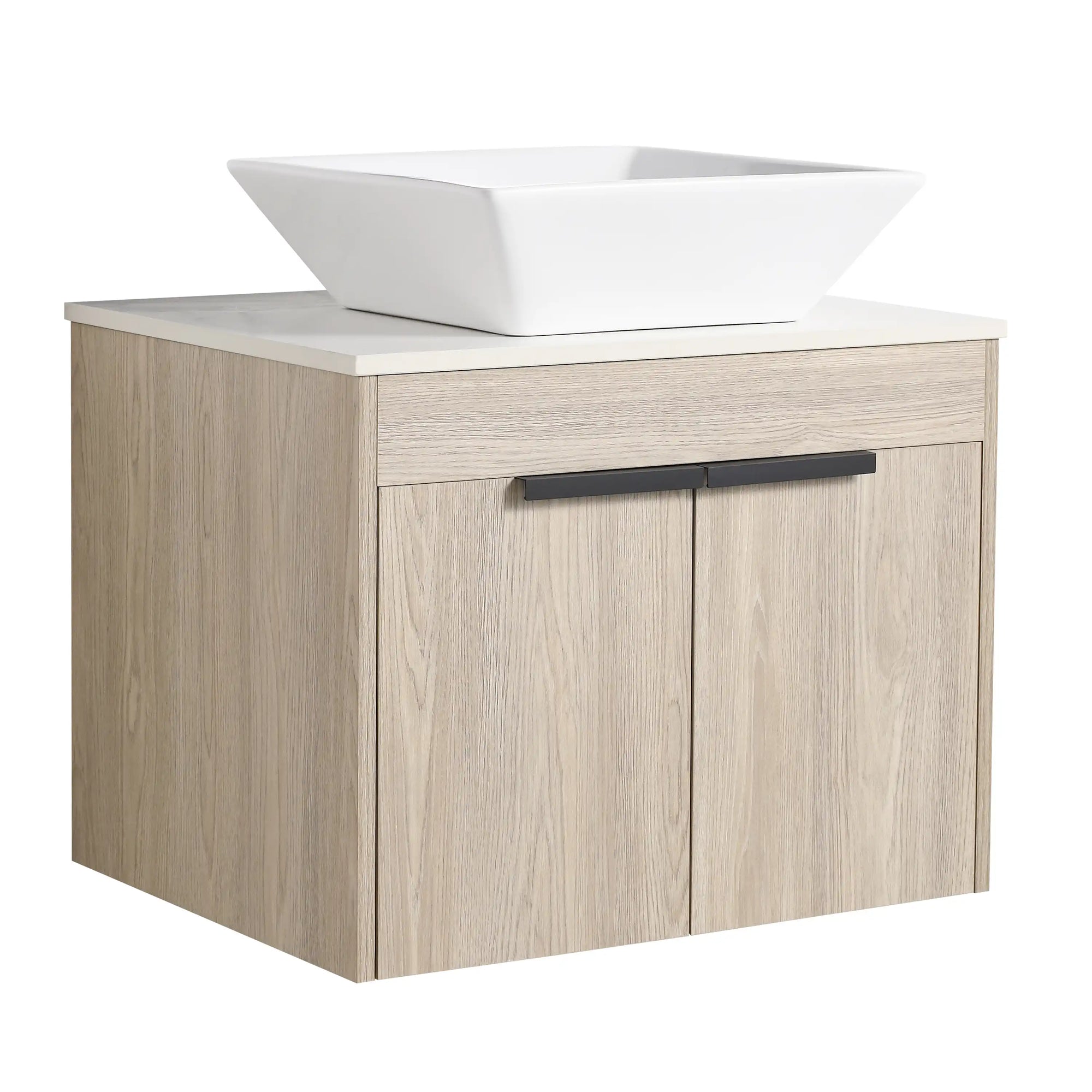 Side front view of 24" small vessel sink vanity with tapered vessel sink | Ace Decor