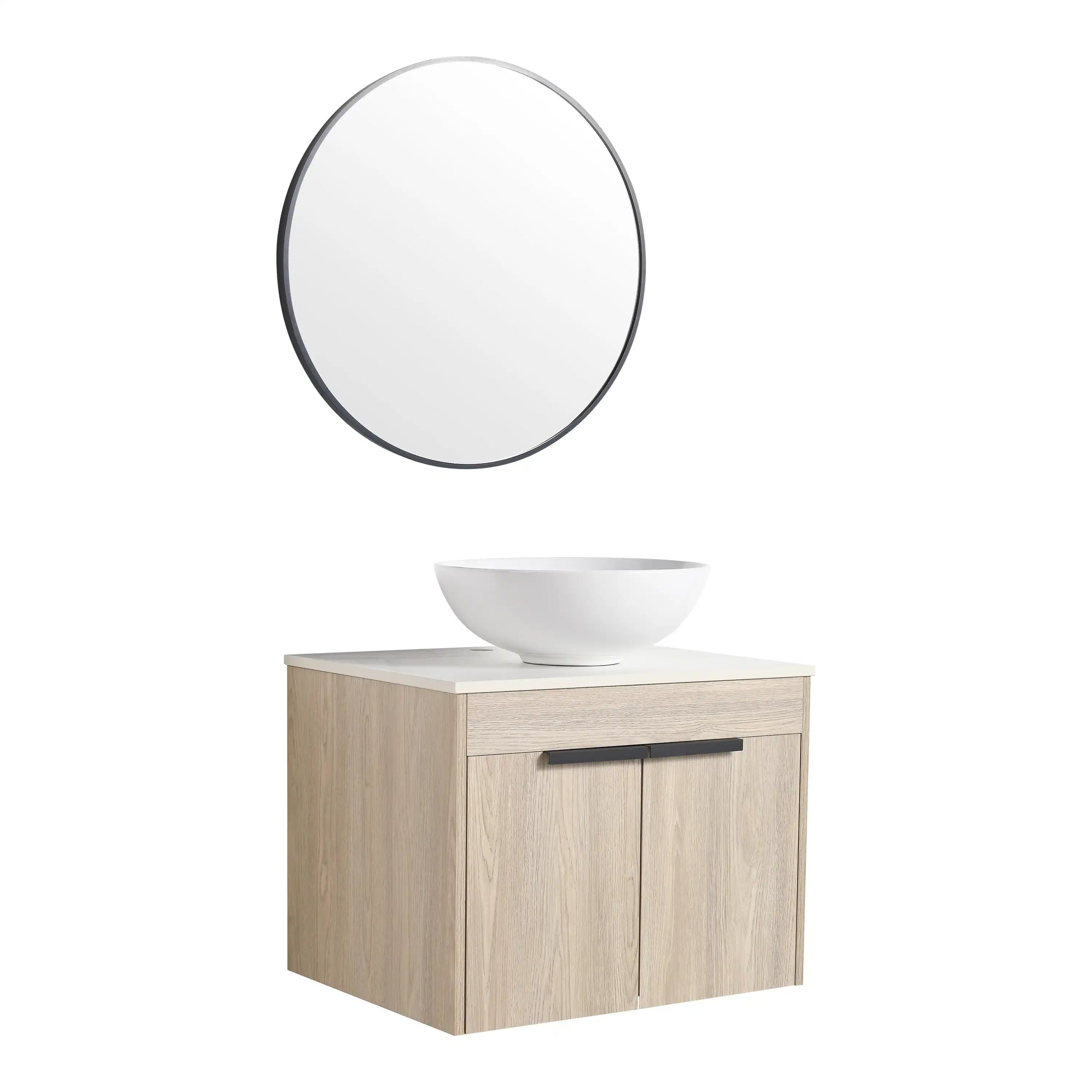 24" vessel sink vanity side view with round mirror and countertop basin | Ace Decor