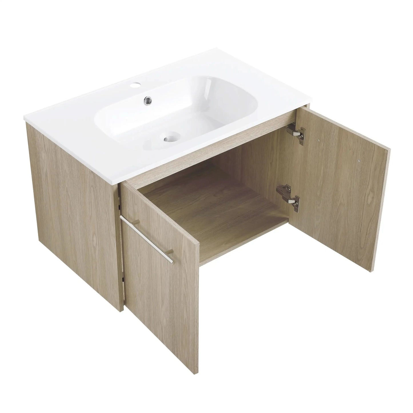 Modern Gel Sink Vanity with Metal Handles, Soft-Close Hinges, and Ample Storage Space color: White Oak