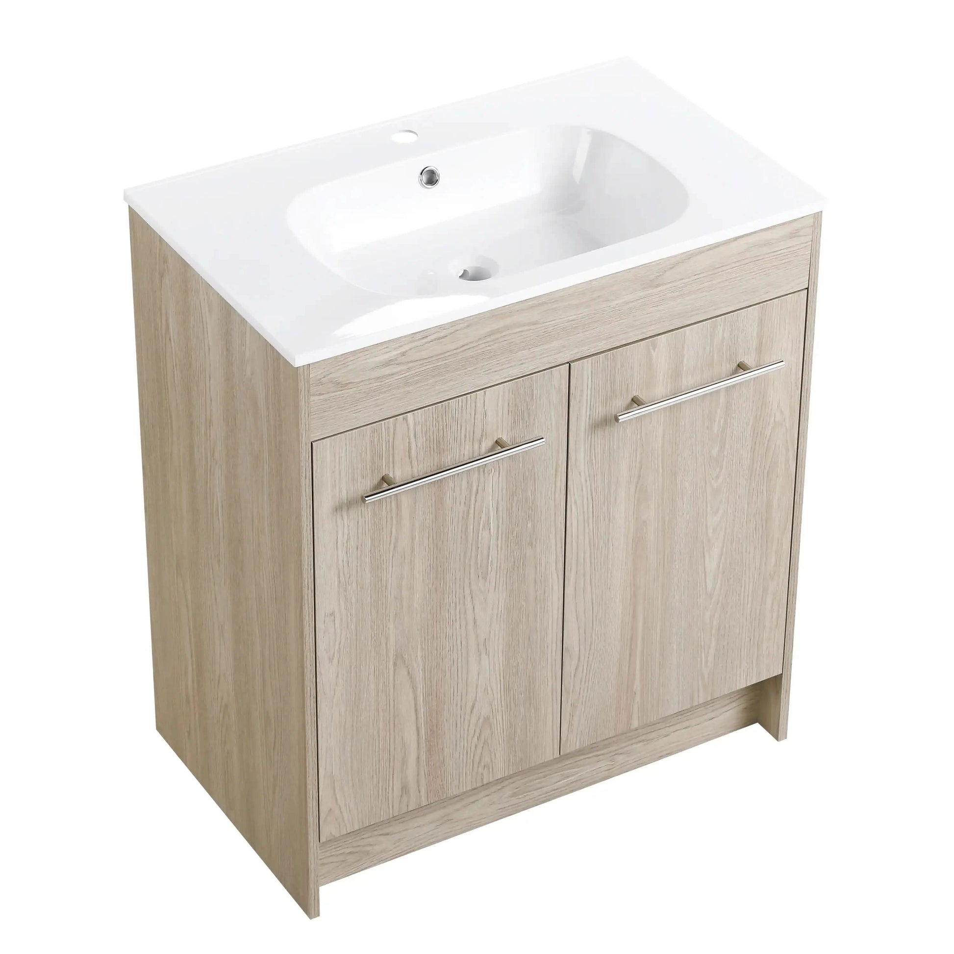 Modern Gel Sink Vanity with Metal Handles, Soft-Close Hinges, and Ample Storage Space color: White Oak