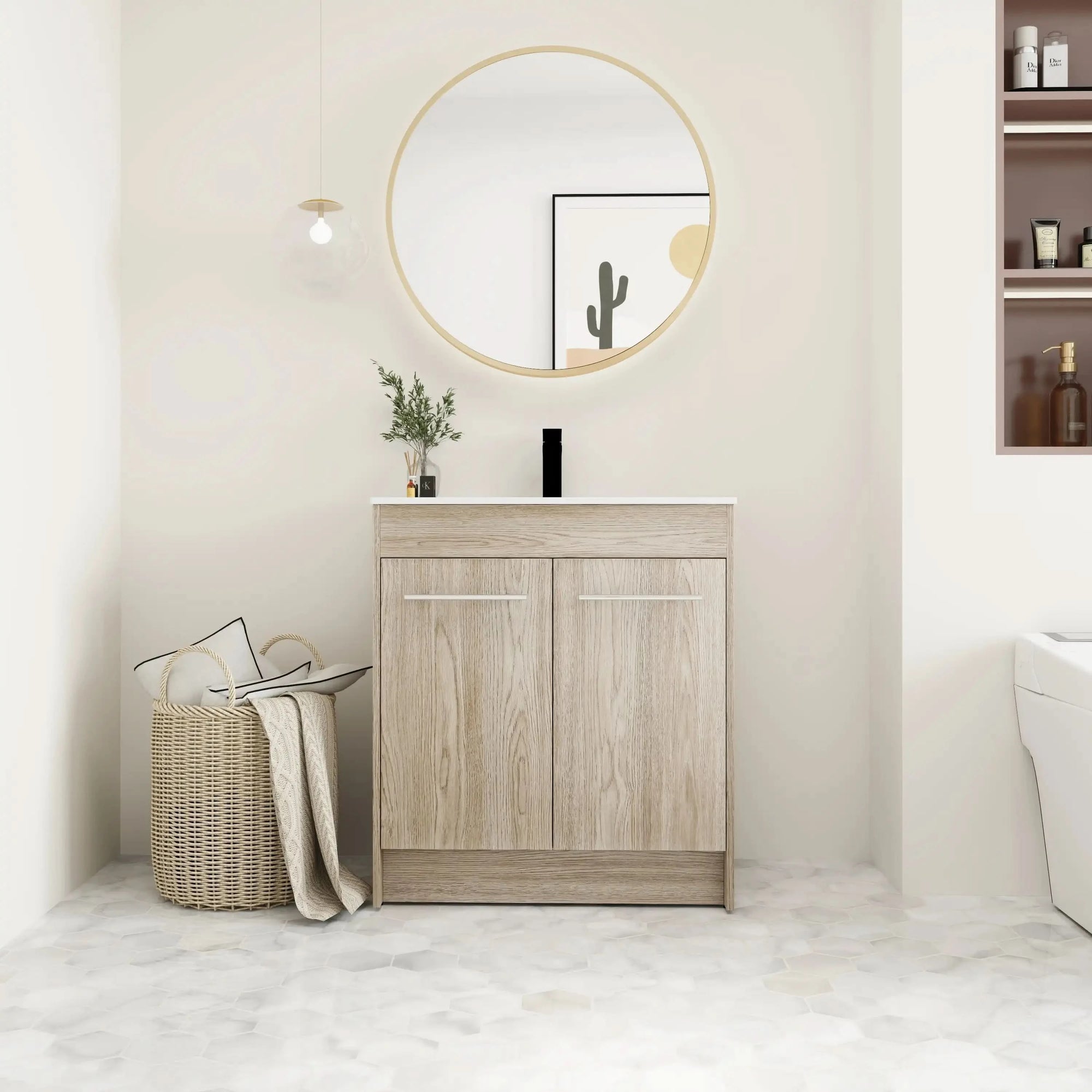 Modern Gel Sink Vanity with Metal Handles, Soft-Close Hinges, and Ample Storage Space color: White Oak