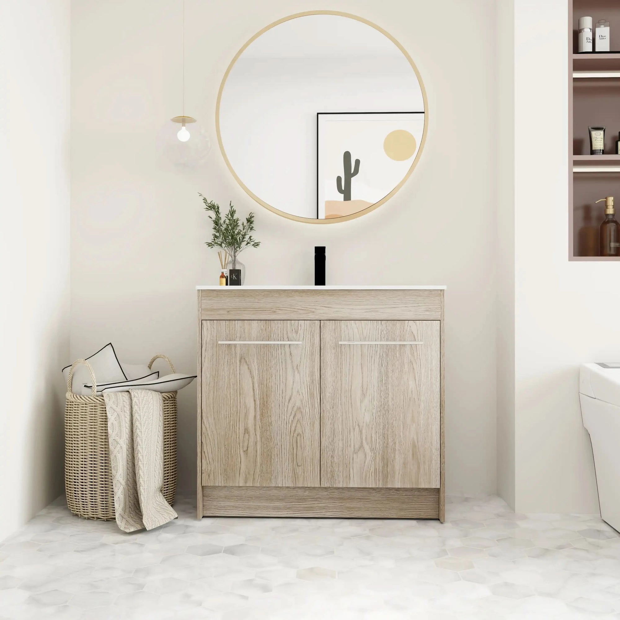 Modern Gel Sink Vanity with Metal Handles, Soft-Close Hinges, and Ample Storage Space color: White Oak