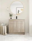 Modern Gel Sink Vanity with Metal Handles, Soft-Close Hinges, and Ample Storage Space color: White Oak