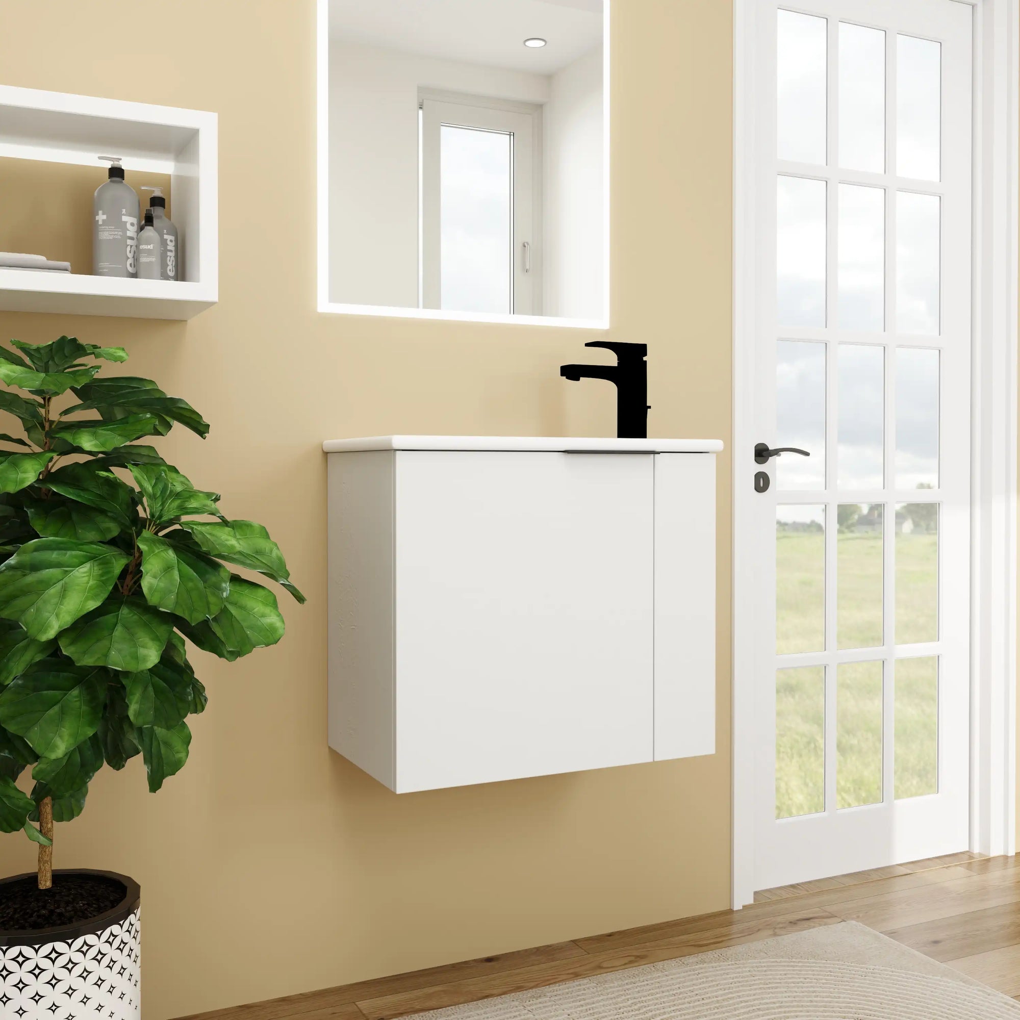 22 inch small white bathroom vanity floating installation in compact bathroom setting | Ace Decor