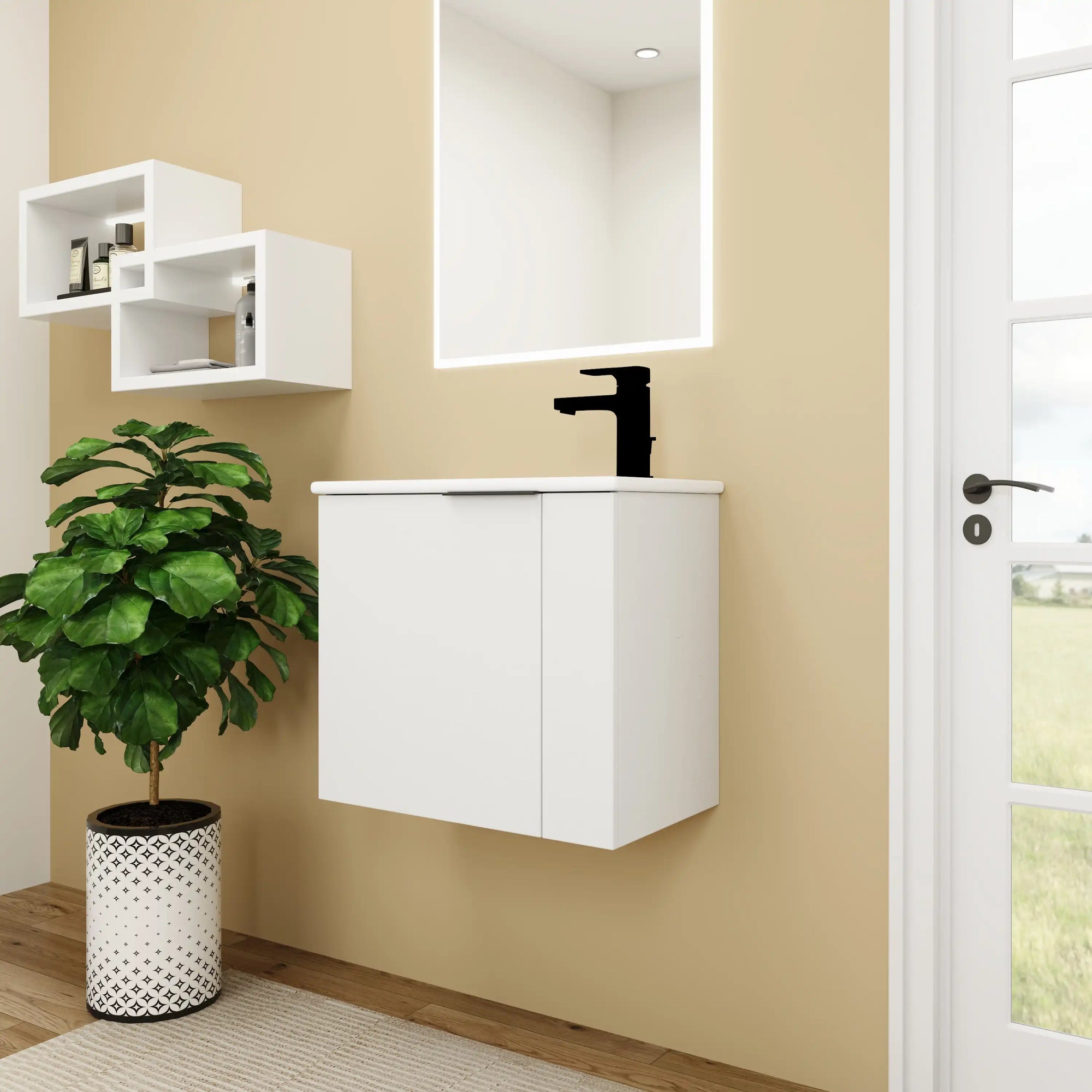 22 inch small white bathroom vanity side angle view in small bathroom | Ace Decor