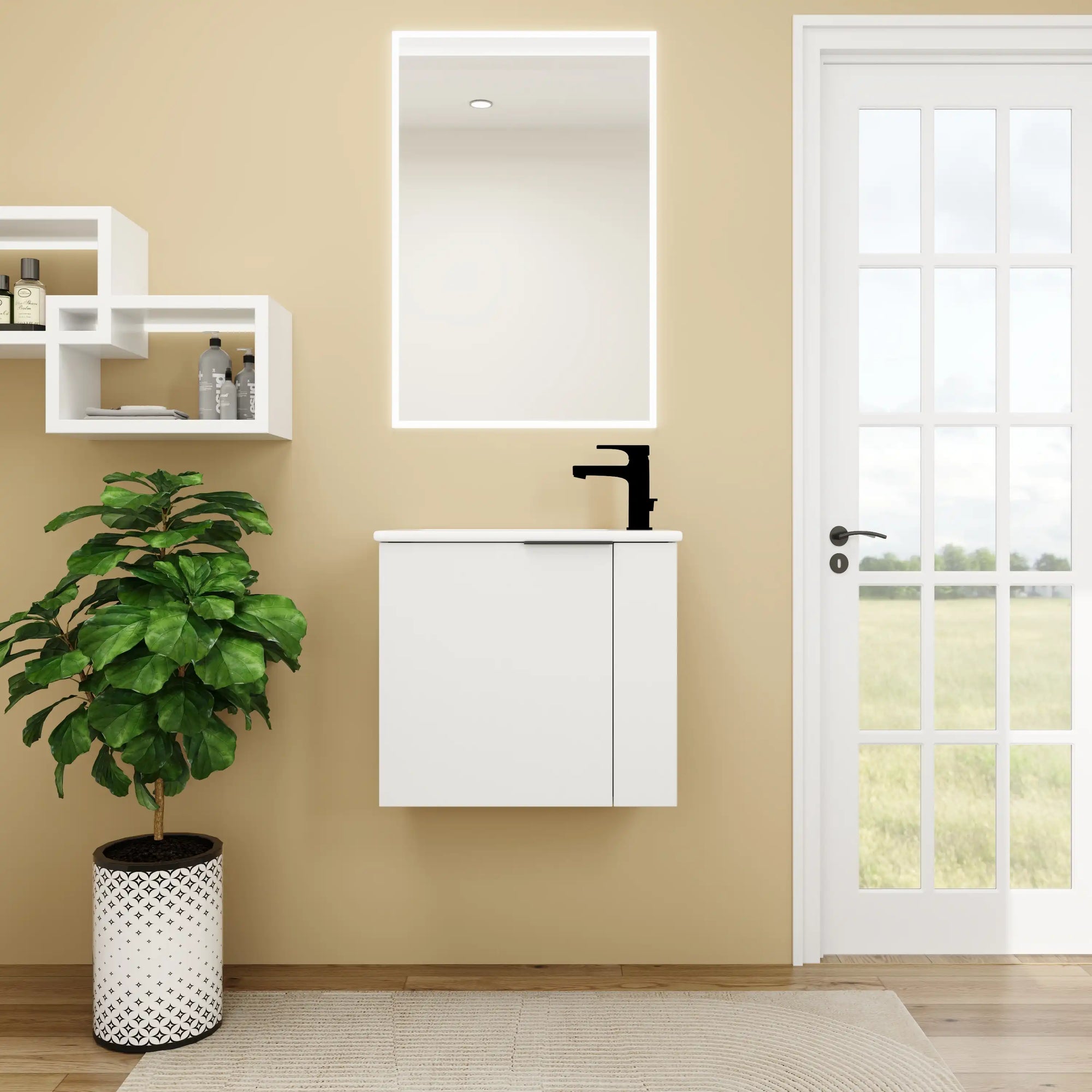22 inch small white bathroom vanity wall-mounted in modern bathroom setting | Ace Decor