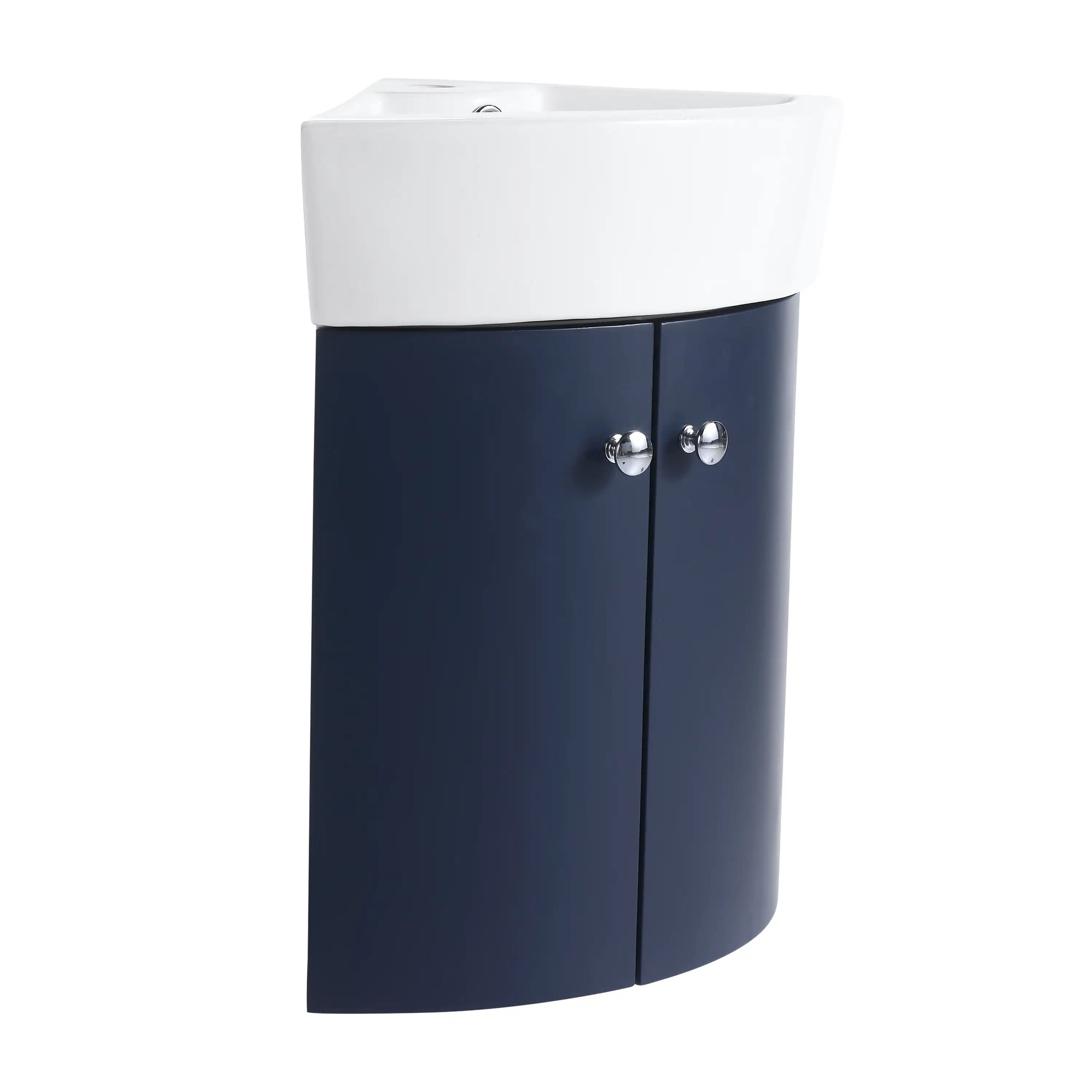 12.8" navy blue corner vanities for bathrooms front view with ceramic sink | Ace Decor