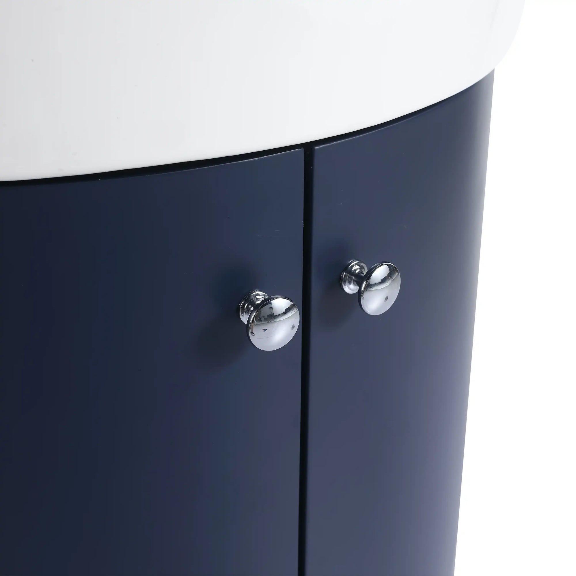 12.8" navy blue corner vanities for bathrooms with chrome door knobs detail view | Ace Decor
