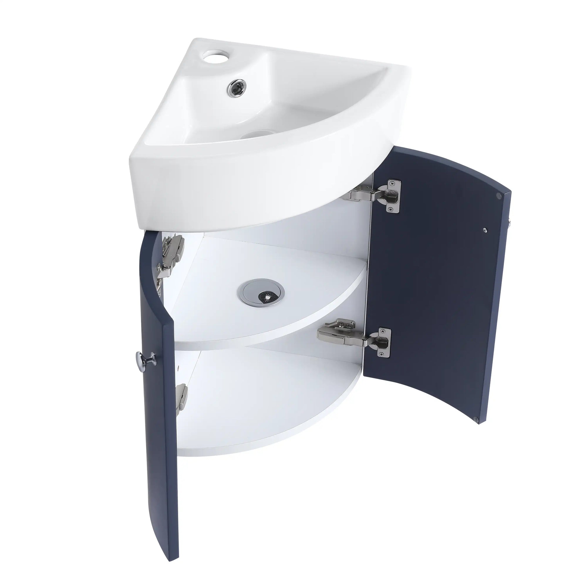 12.8" navy blue corner vanities for bathrooms with double-tier interior storage | Ace Decor