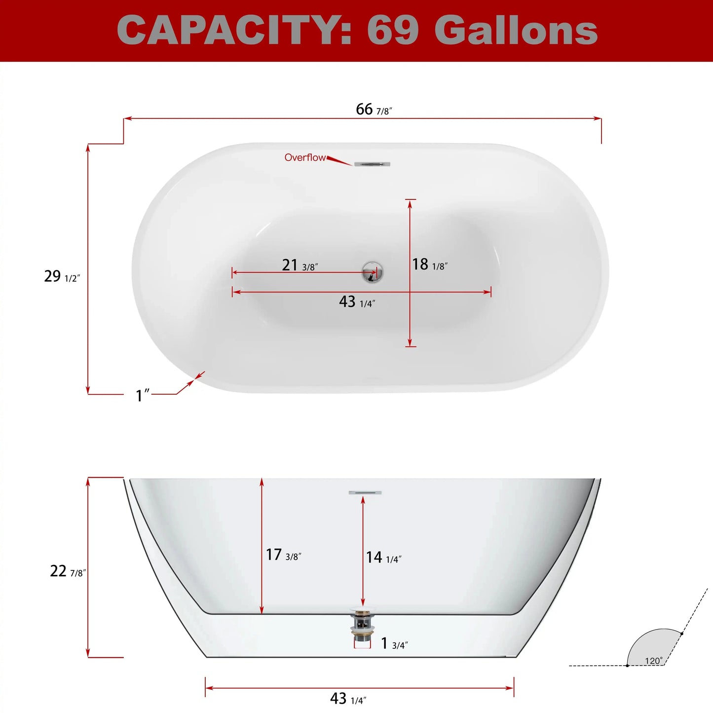 Elegant Freestanding Gloss White Bathtub with Overflow Control color: White