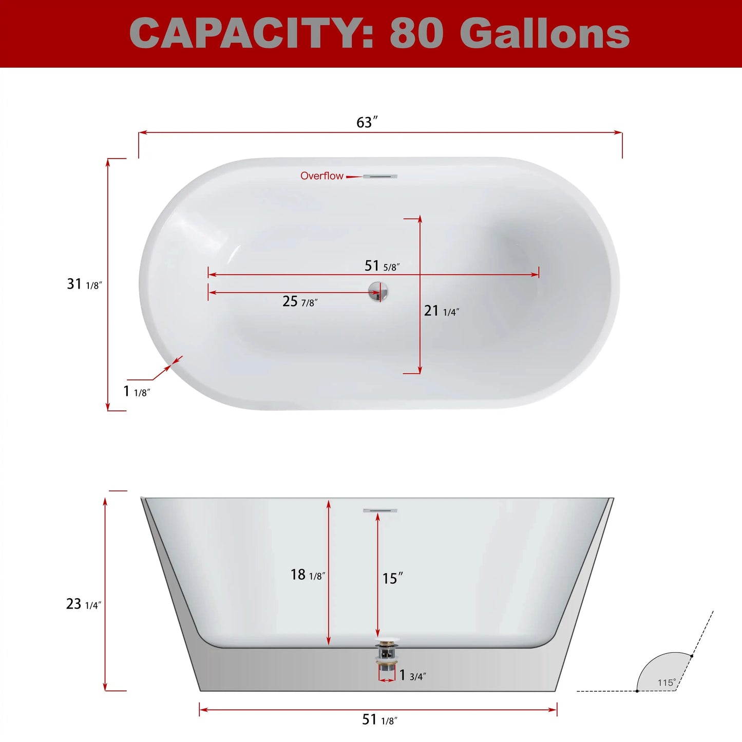 Modern Acrylic Freestanding Soaking Tub with Chrome Overflow and Drain color: White