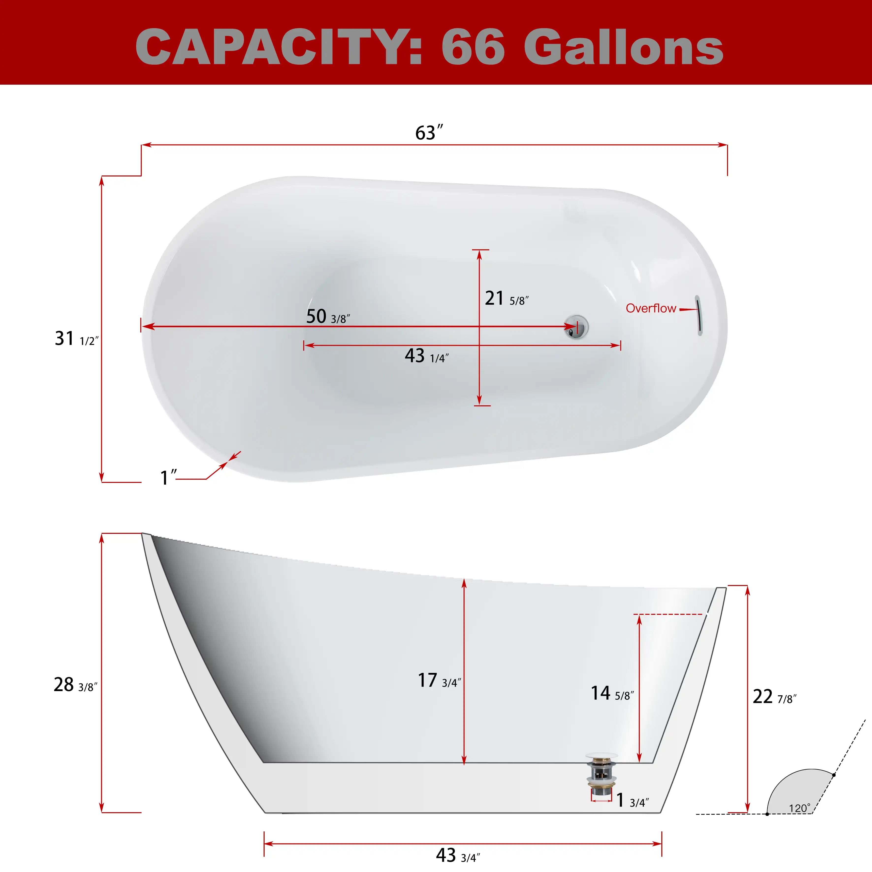Bathin Inc 63” Freestanding Acrylic Bathtub – Spa-Like Comfort