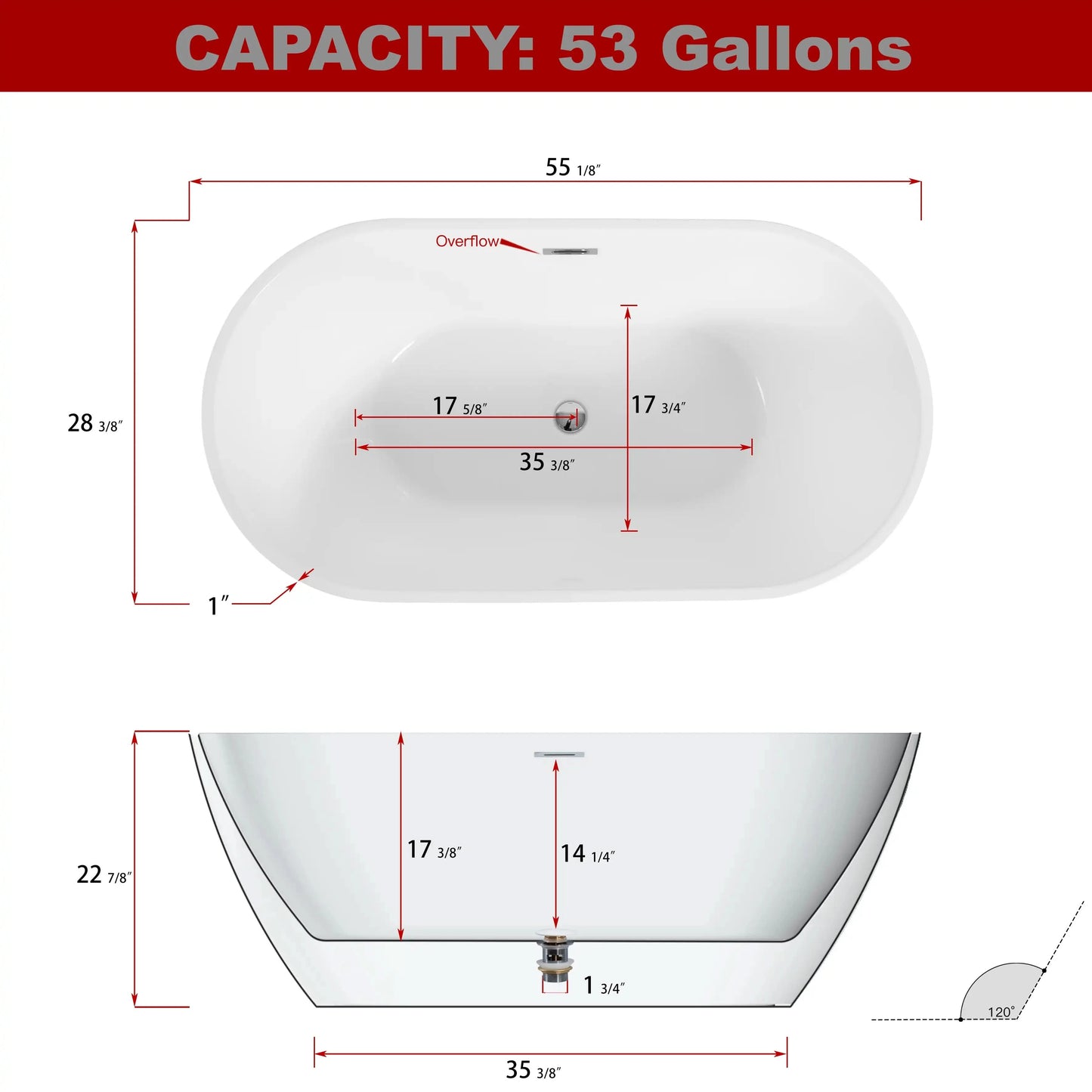 Elegant Freestanding Gloss White Bathtub with Overflow Control color: White