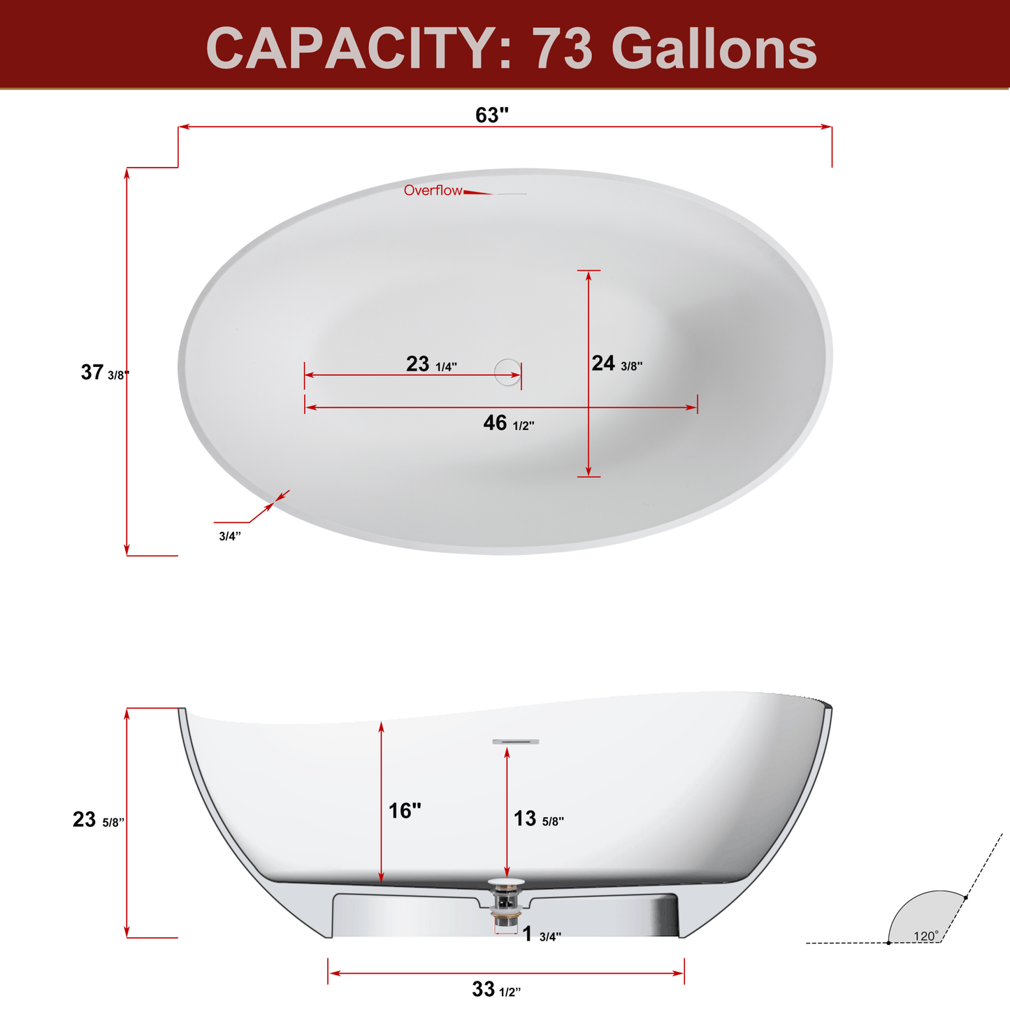 Luxurious 63" Freestanding Matte White Bathtub - Durable, Easy to Install color:white