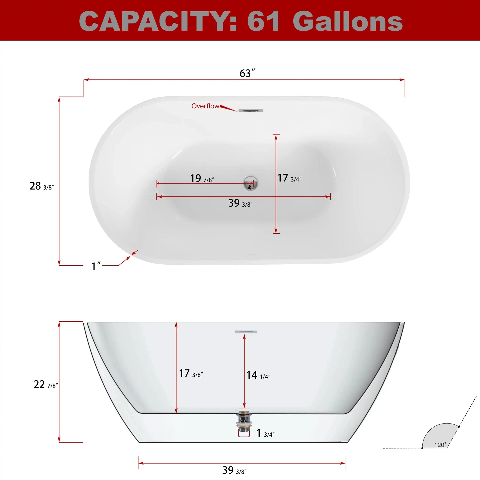 Elegant Freestanding Gloss White Bathtub with Overflow Control color: White