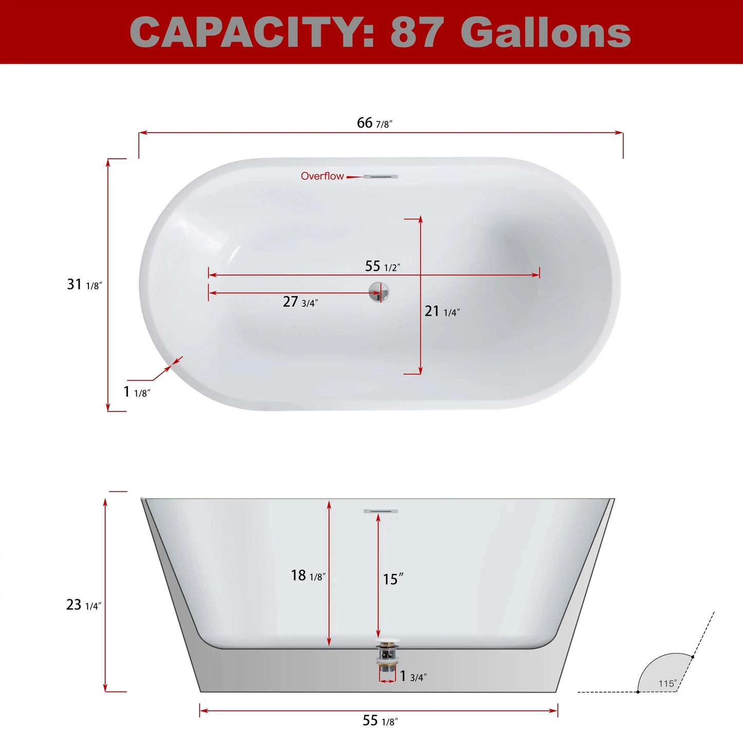 Modern Acrylic Freestanding Soaking Tub with Chrome Overflow and Drain color: Glossy white