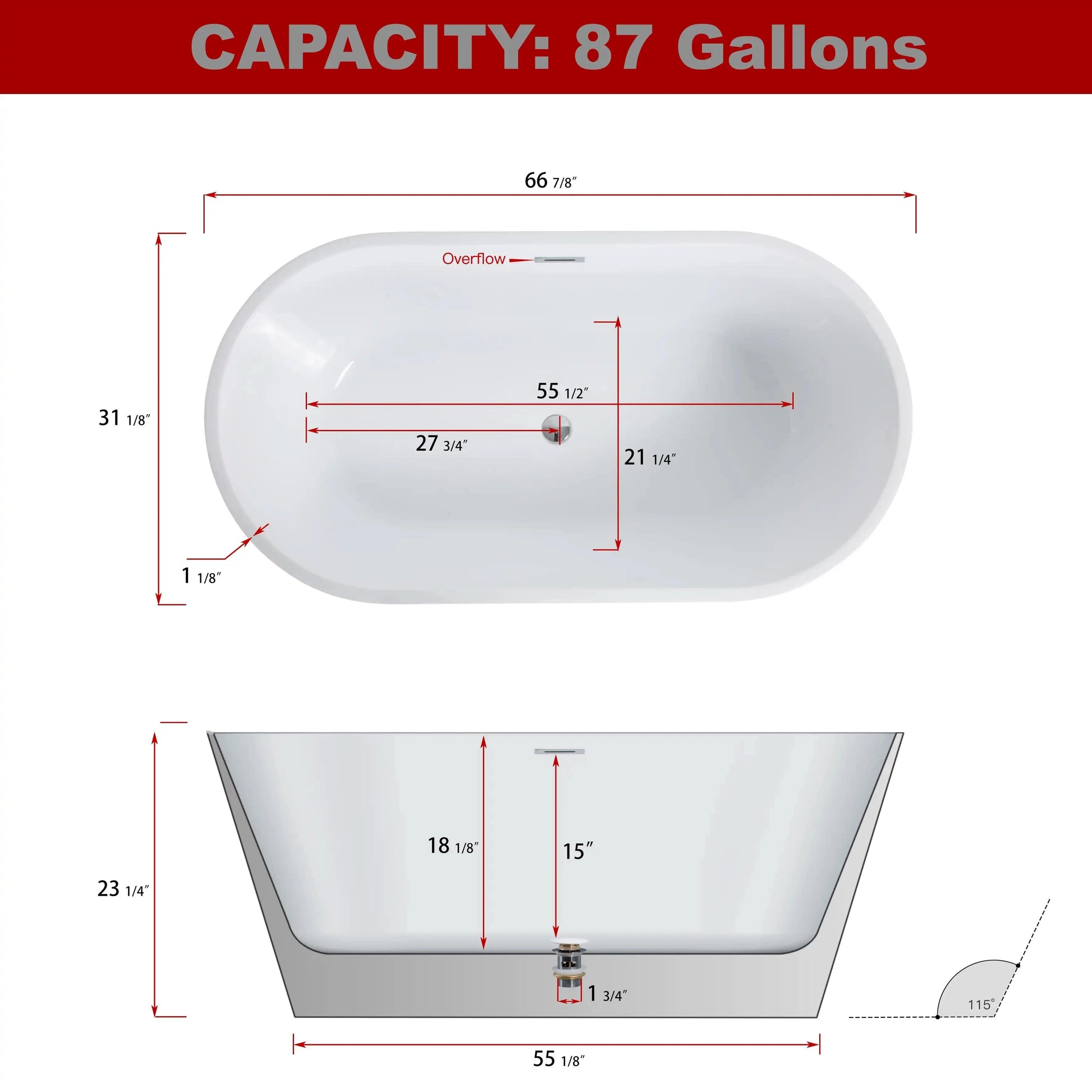 Modern Acrylic Freestanding Soaking Tub with Chrome Overflow and Drain color: Glossy white