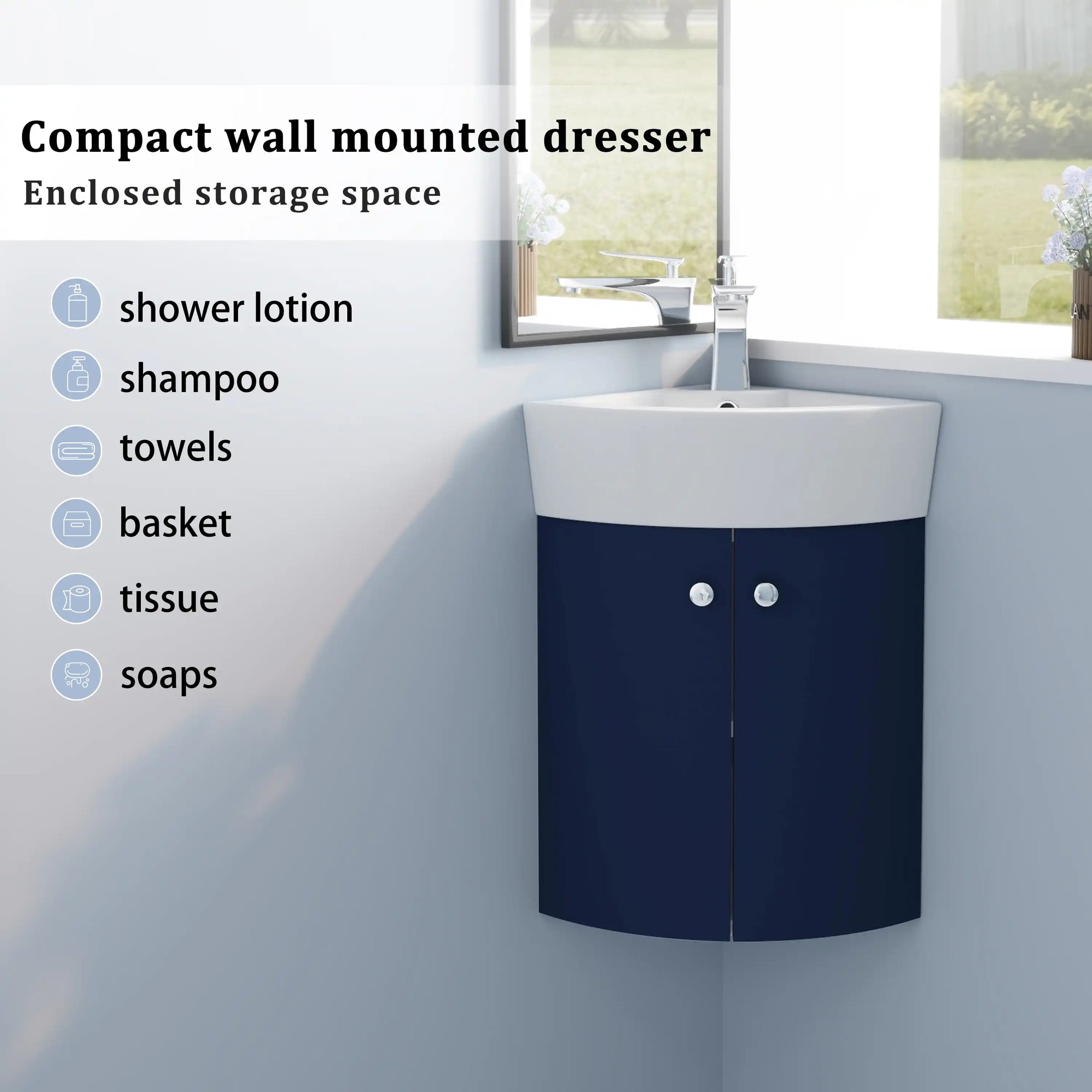 12.8" compact wall-mounted corner vanities for bathrooms with enclosed storage space | Ace Decor