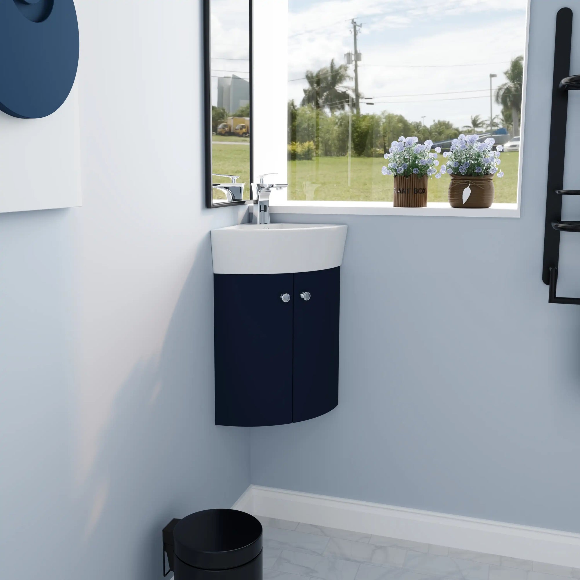 12.8" navy blue wall-mounted corner vanities for bathrooms installed in small space | Ace Decor