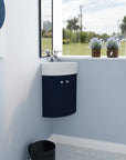12.8" navy blue wall-mounted corner vanities for bathrooms installed in small space | Ace Decor