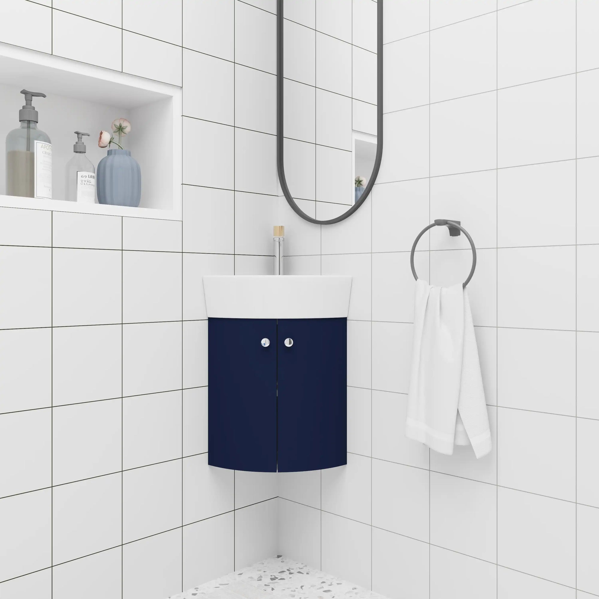 12.8" wall-mounted corner vanities for bathrooms installed in modern tiled space | Ace Decor