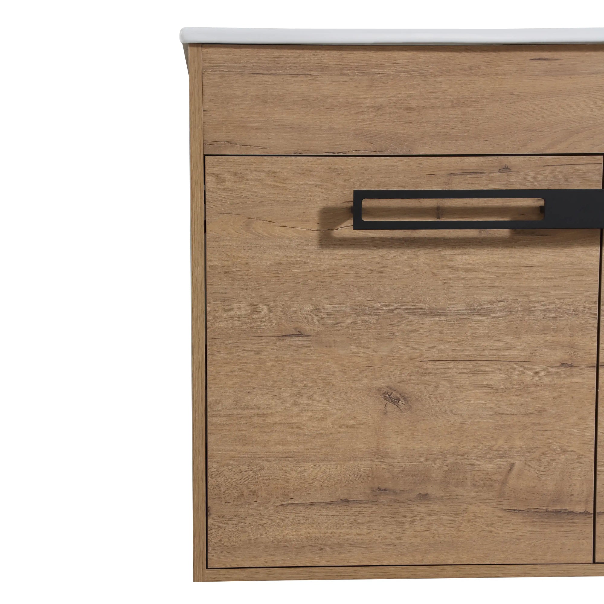 30" freestanding single bathroom vanity with sink front view highlighting wood grain cabinet and modern black handle | Ace Decor