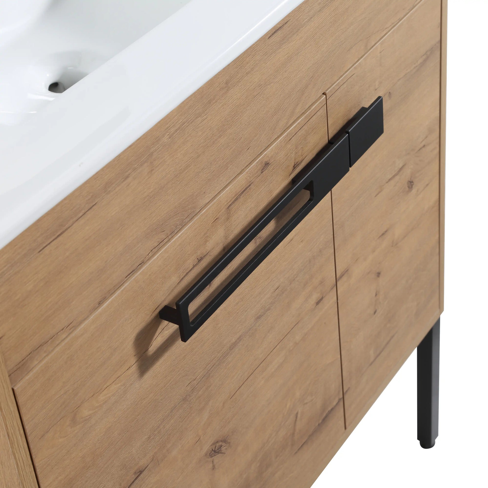 30" freestanding single bathroom vanity with sink detail showing black metal handle and integrated white sink | Ace Decor