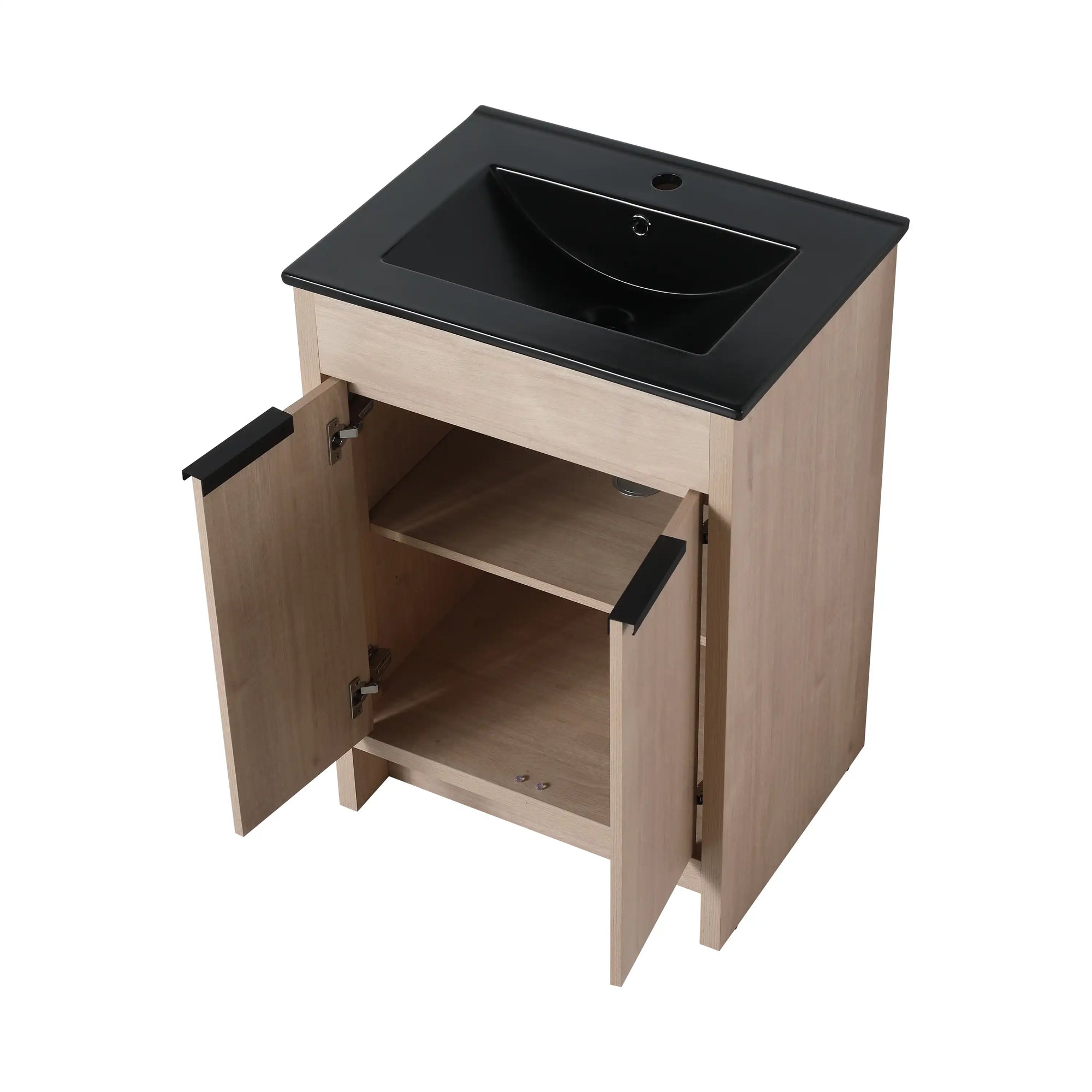 Open-door angle view of freestanding 24 inch bathroom vanity (24") showing functional storage layout | Ace Decor
