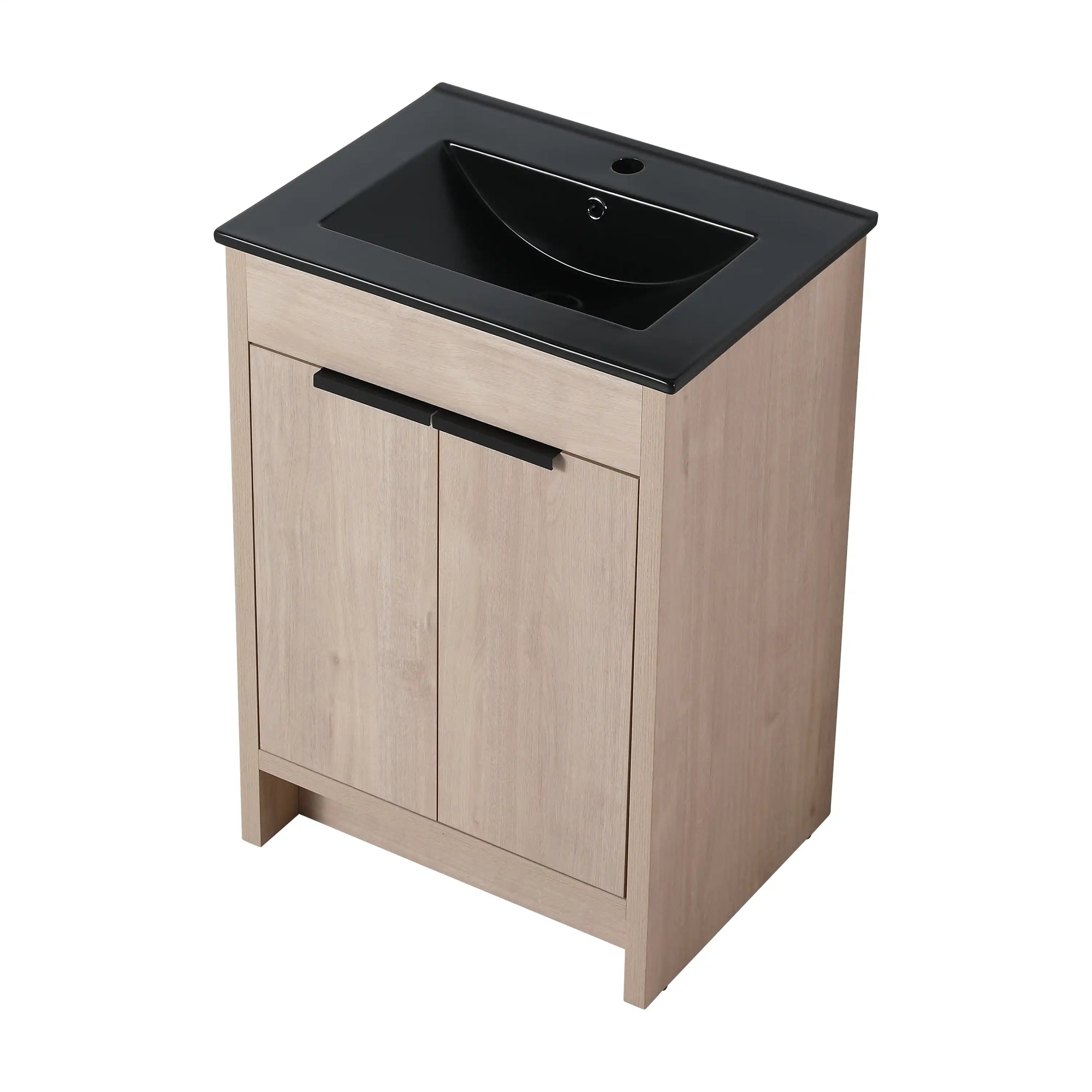 Front view of freestanding 24 inch bathroom vanity (24") in light oak with black integrated sink | Ace Decor