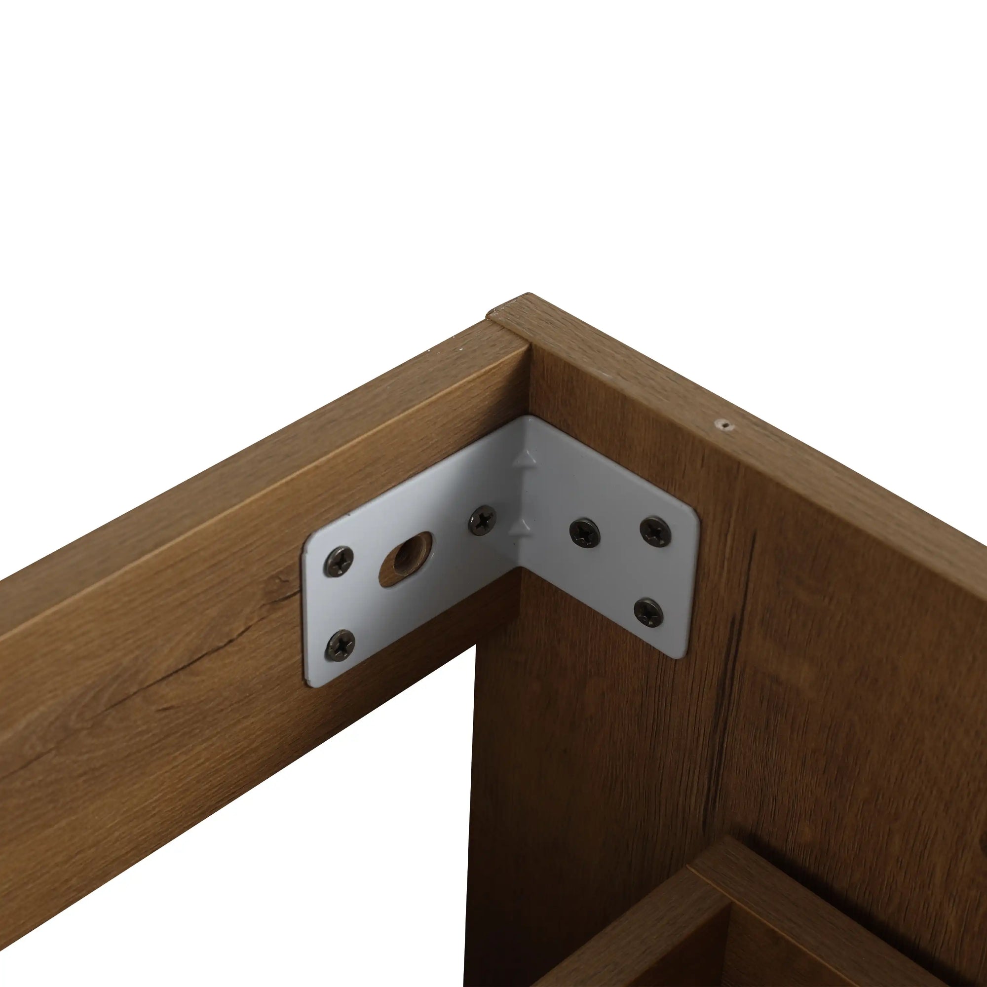 Reinforced corner hardware detail of 30" oak bathroom vanity for long-term structural stability | Ace Decor