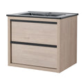 24" wall mounted bathroom vanity in light oak with integrated black sink, front perspective | Ace Decor