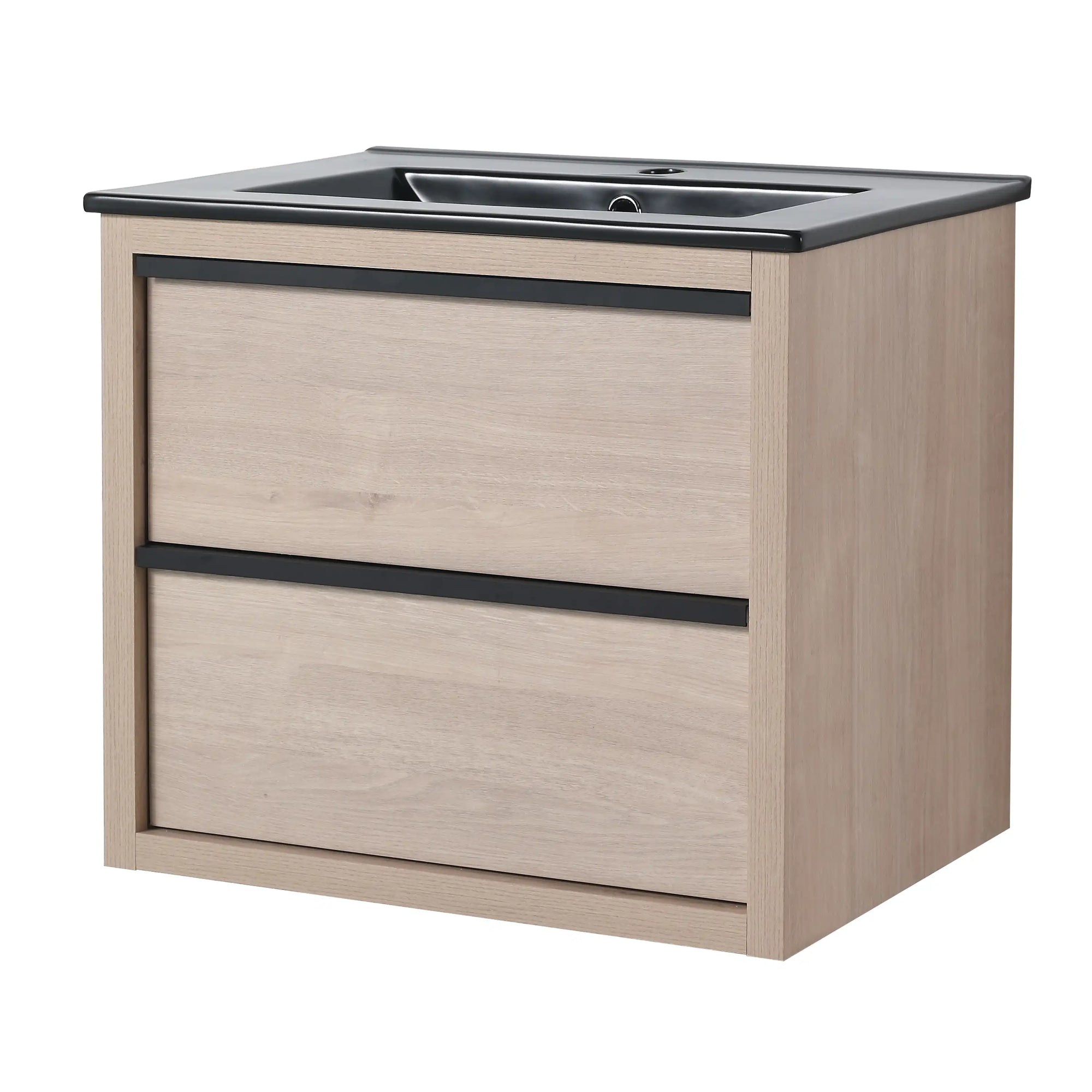 24" wall mounted bathroom vanity in light oak with integrated black sink, front perspective | Ace Decor