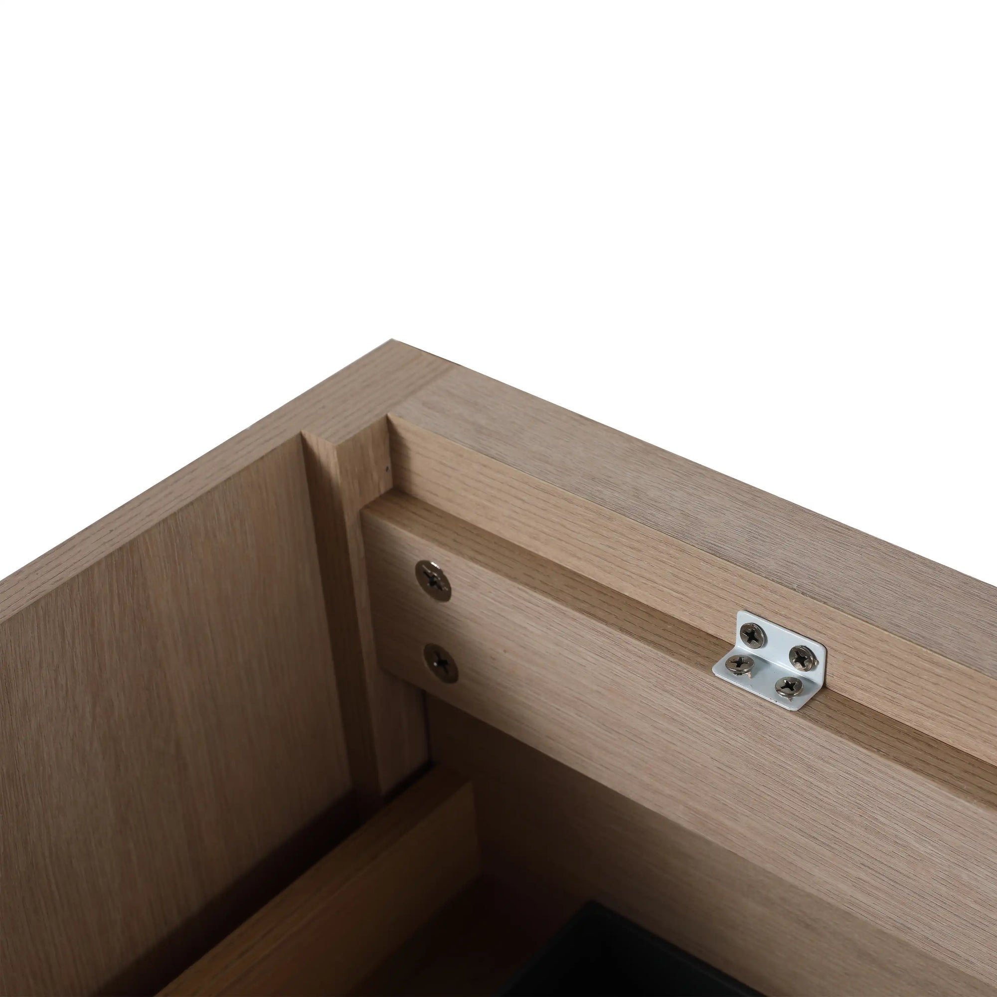 24" wall mounted bathroom vanity interior corner support detail in light oak finish | Ace Decor