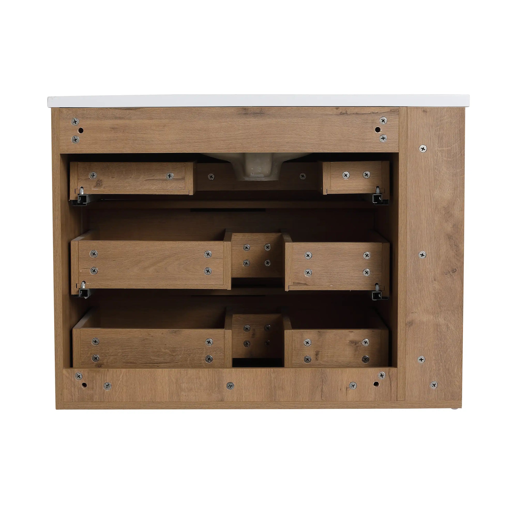 Back view construction of 30" oak bathroom vanity with solid drawer framework and reinforced panels | Ace Decor
