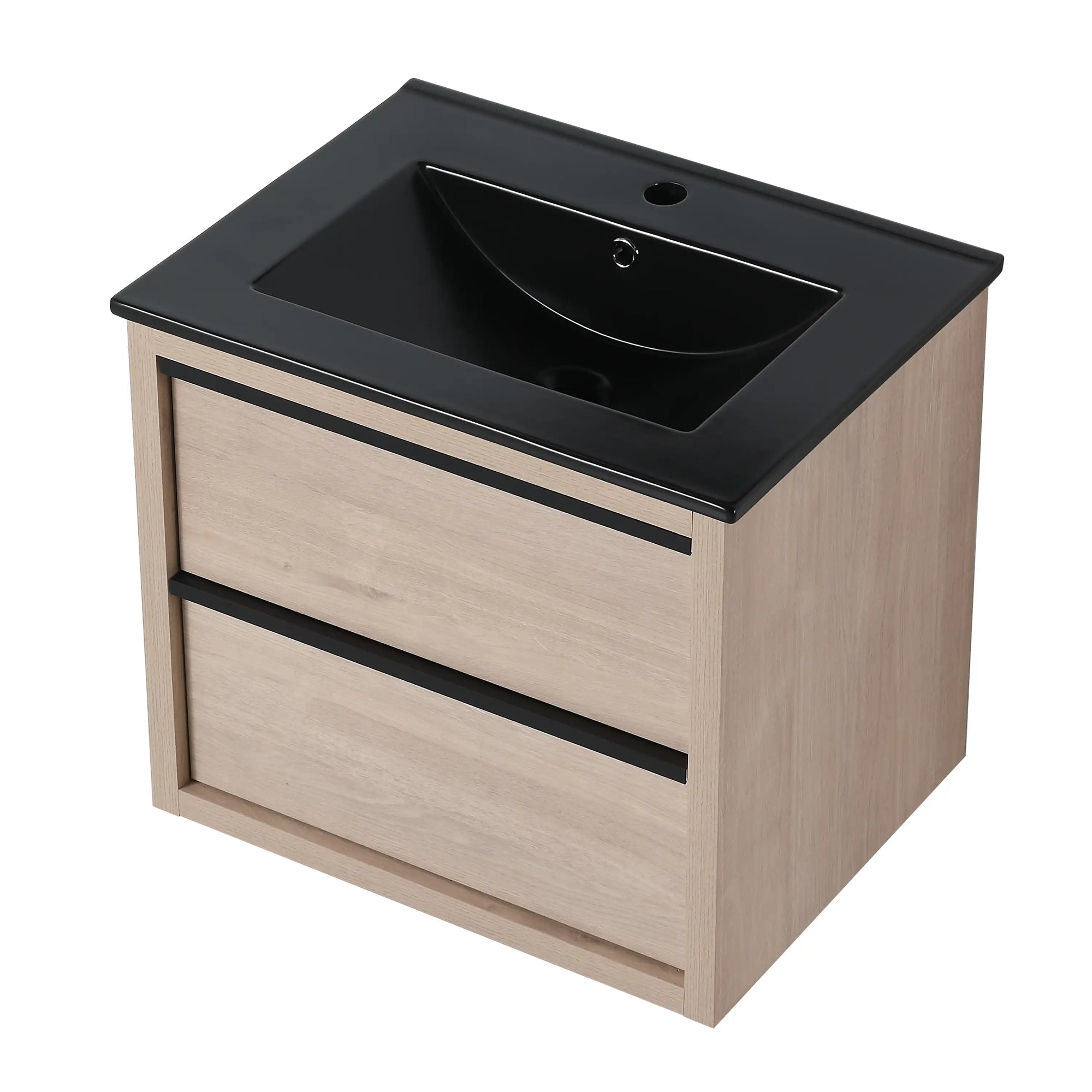 24" wall mounted bathroom vanity with black ceramic sink and light oak finish, angled top view | Ace Decor