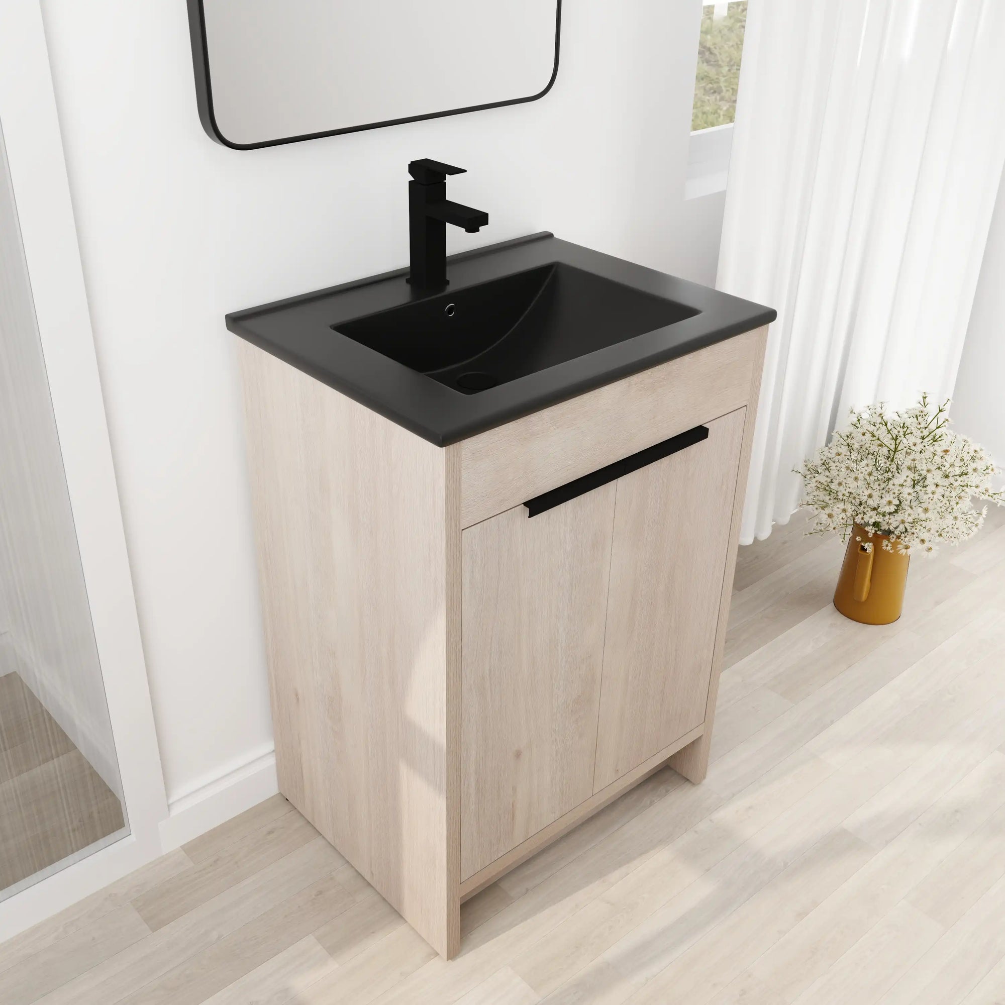 Angled view of freestanding 24 inch bathroom vanity with black integrated sink and light oak cabinet, 24" | Ace Decor