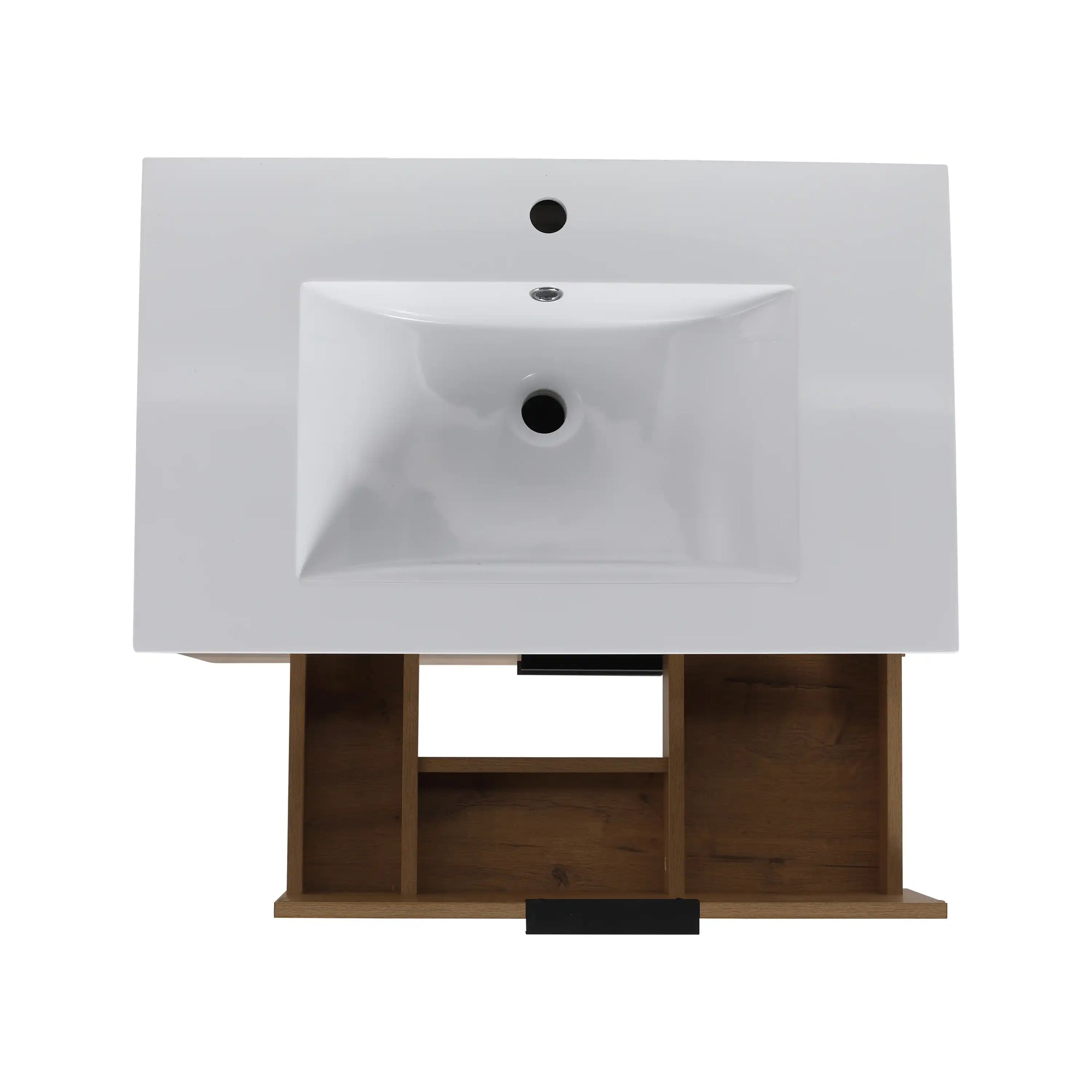 Top view of 30" oak bathroom vanity with integrated white undermount sink | Ace Decor