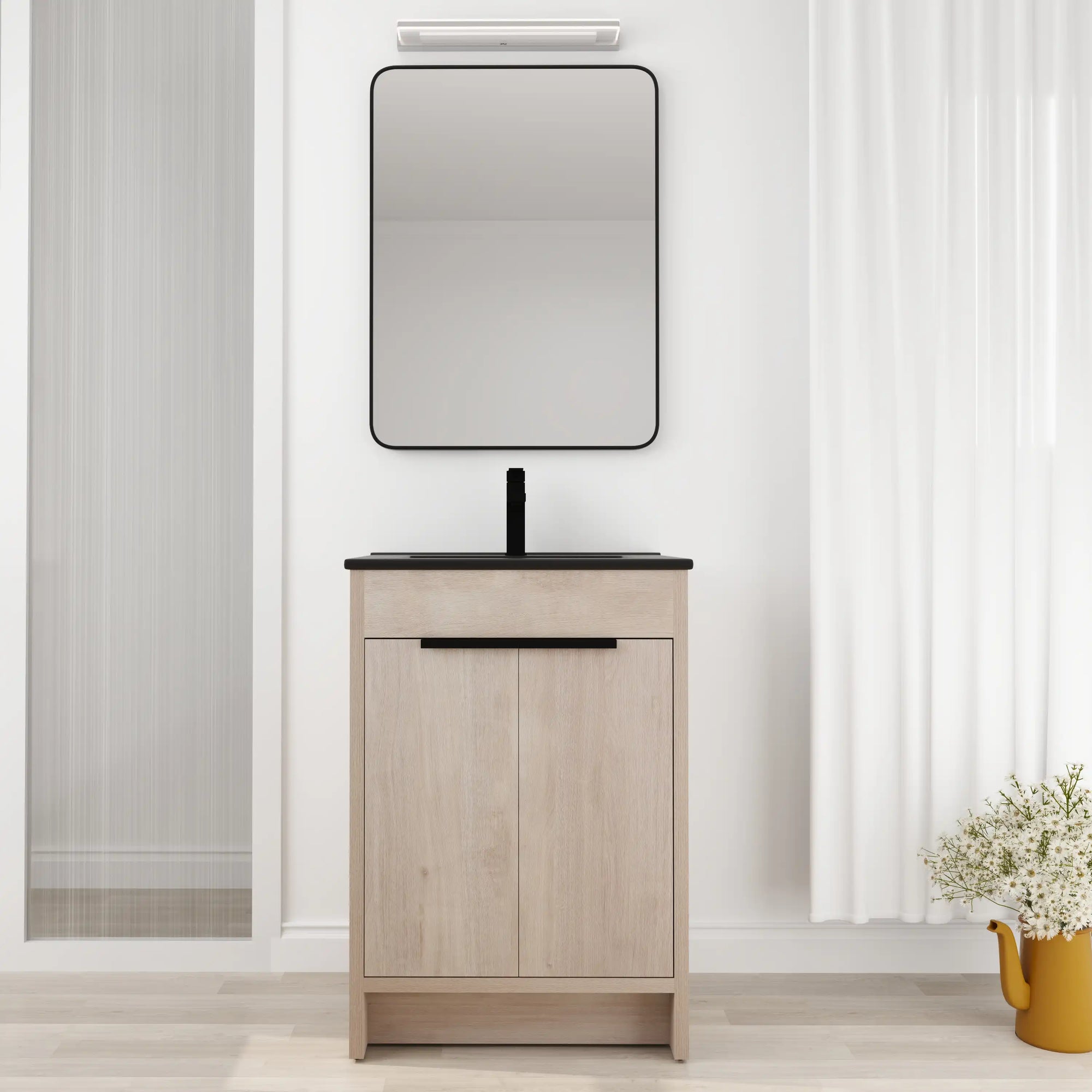 Front view of freestanding 24 inch bathroom vanity with black sink and minimalist light oak design, 24" | Ace Decor