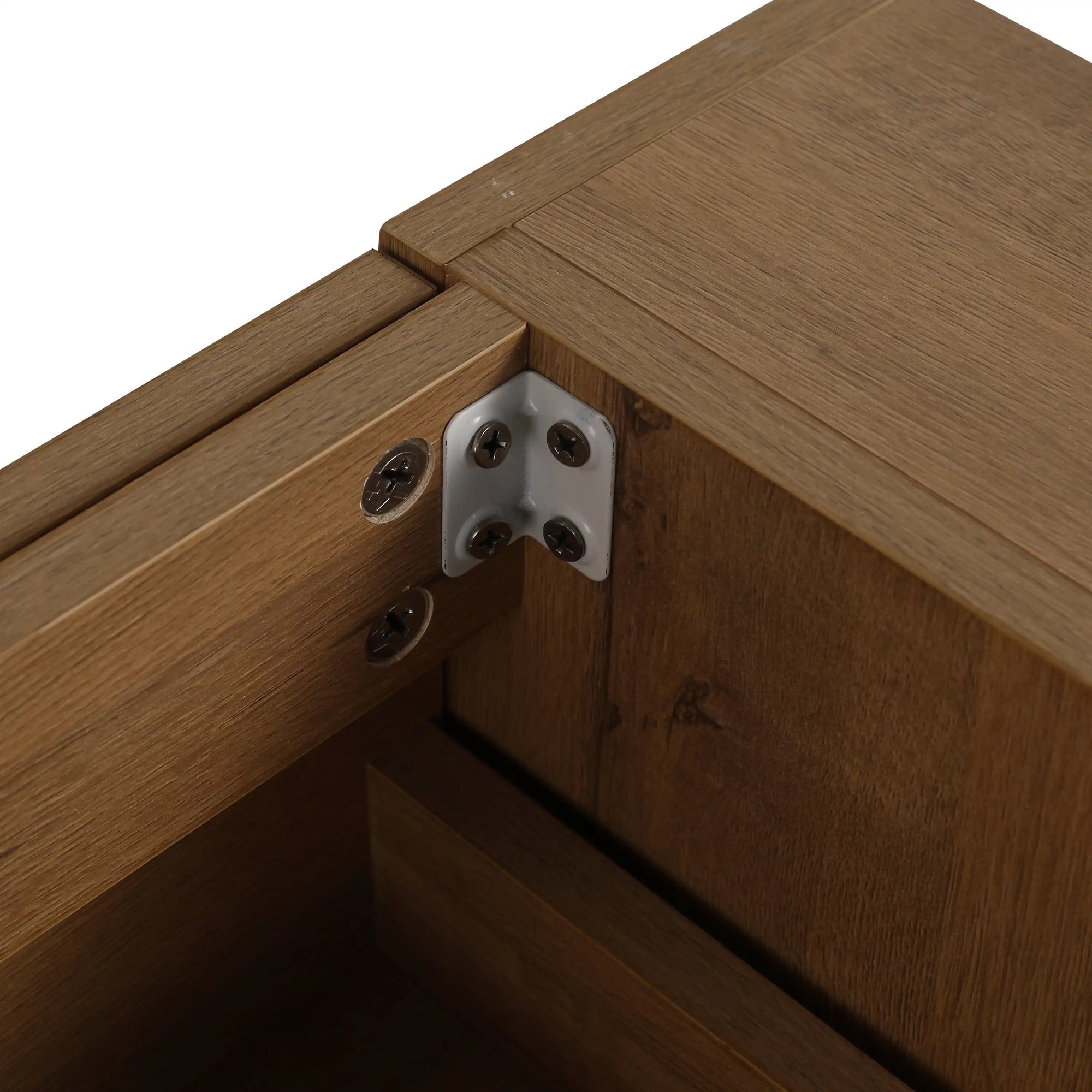 Precision joint and metal bracket detail on 30" oak bathroom vanity highlighting durable craftsmanship | Ace Decor
