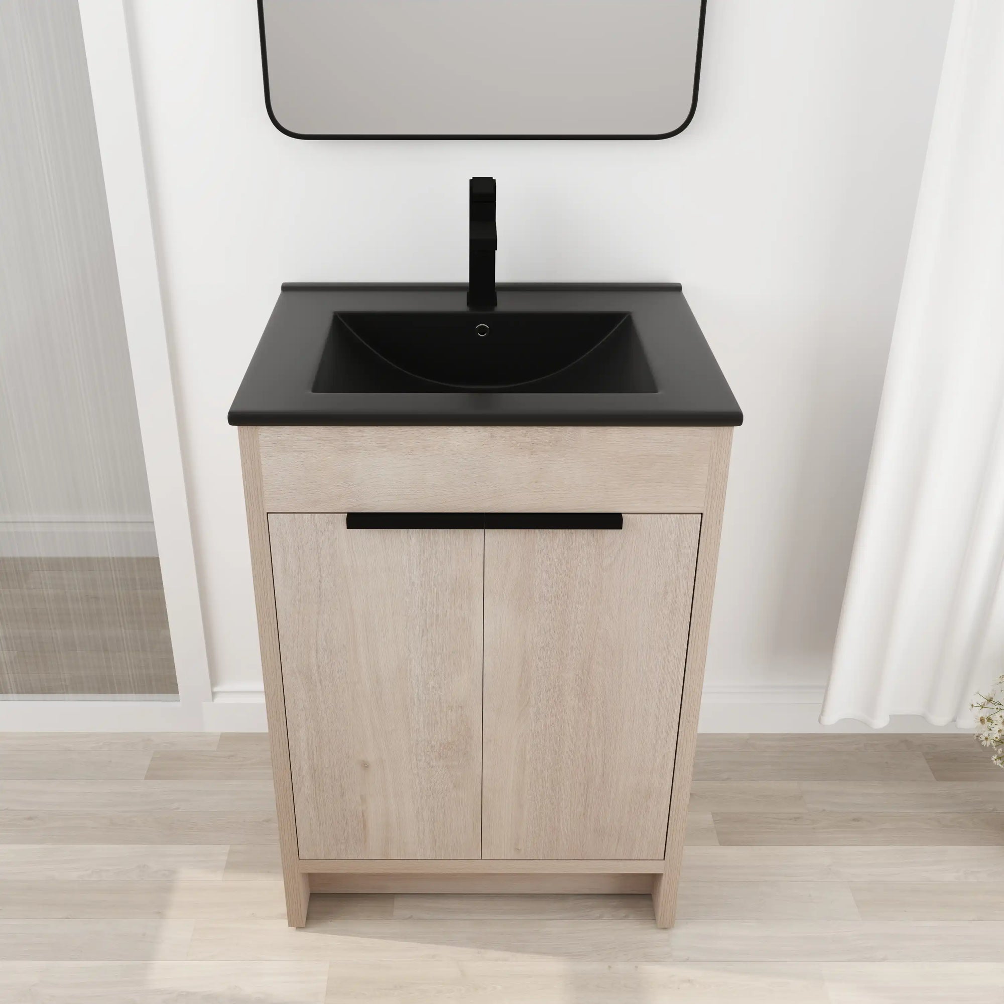 Close-up front view of freestanding 24 inch bathroom vanity featuring black ceramic sink and light oak doors, 24" | Ace Decor